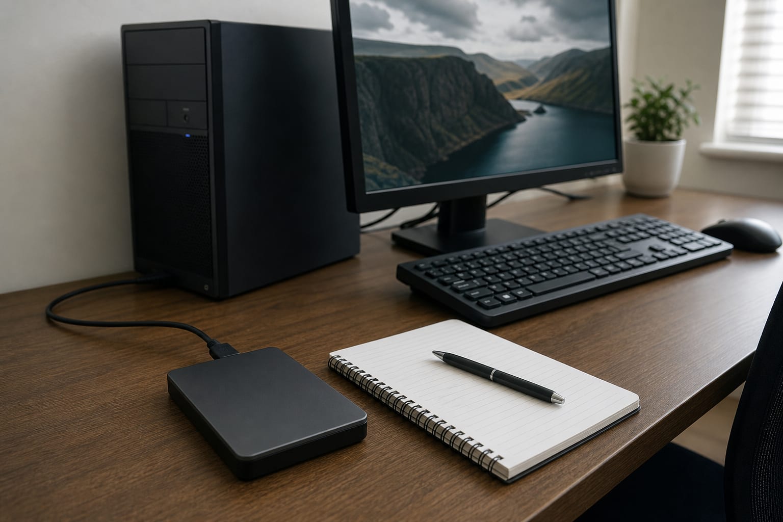 An external hard drive connected to a desktop computer on a home office desk with a notepad beside it
