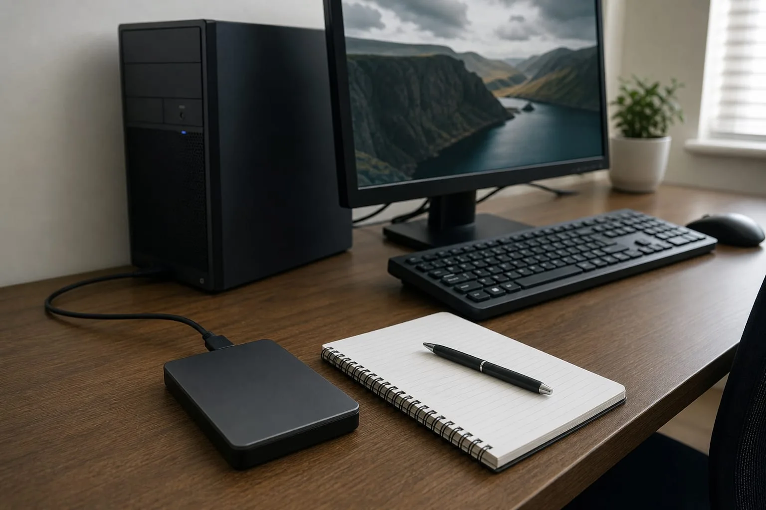 An external hard drive connected to a desktop computer on a home office desk with a notepad beside it
