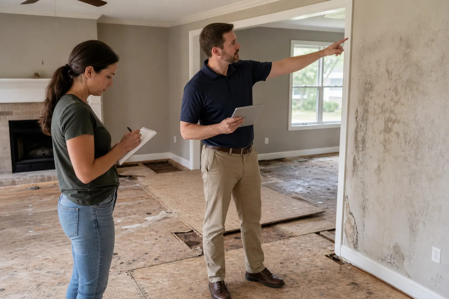 A homeowner and an insurance adjuster standing in a damaged living room with pulled-up flooring, the adjuster holding a tablet and pointing at a wall while t...