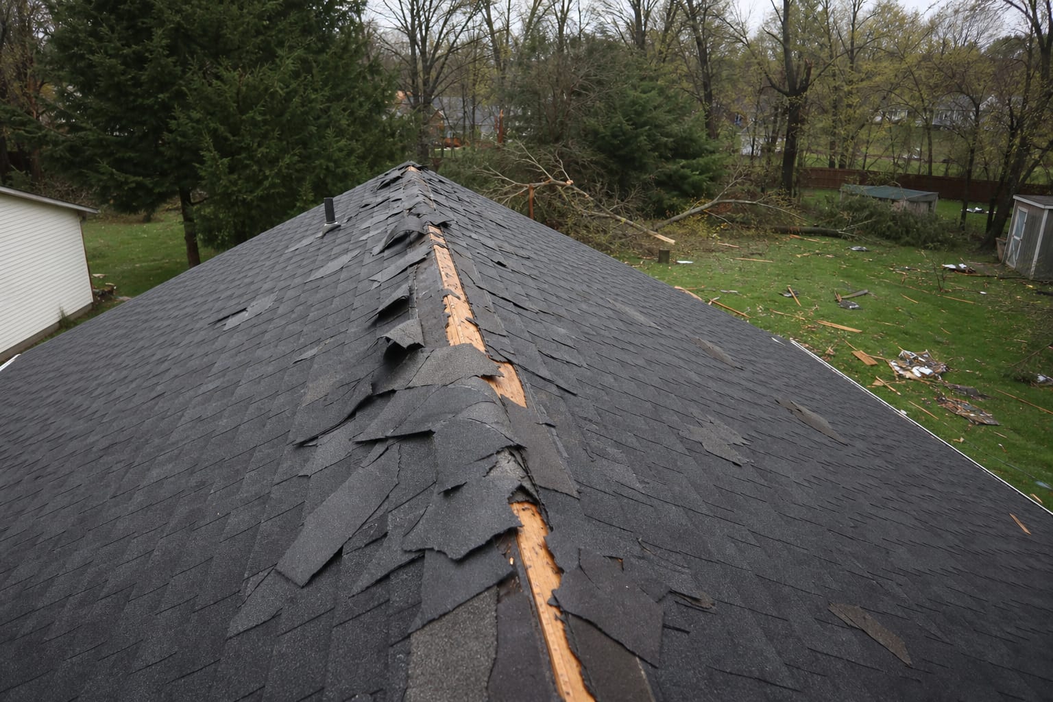 Storm damaged asphalt shingles lifted along a roof ridge with debris scattered in the yard below