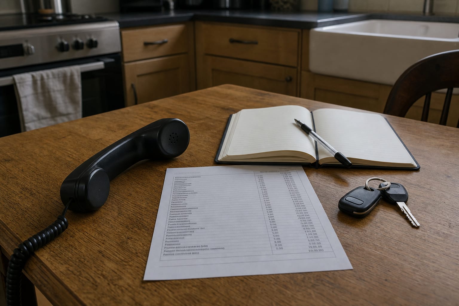 A telephone handset resting on a kitchen table beside an open notebook, a printed itemized price list, and a set of car keys