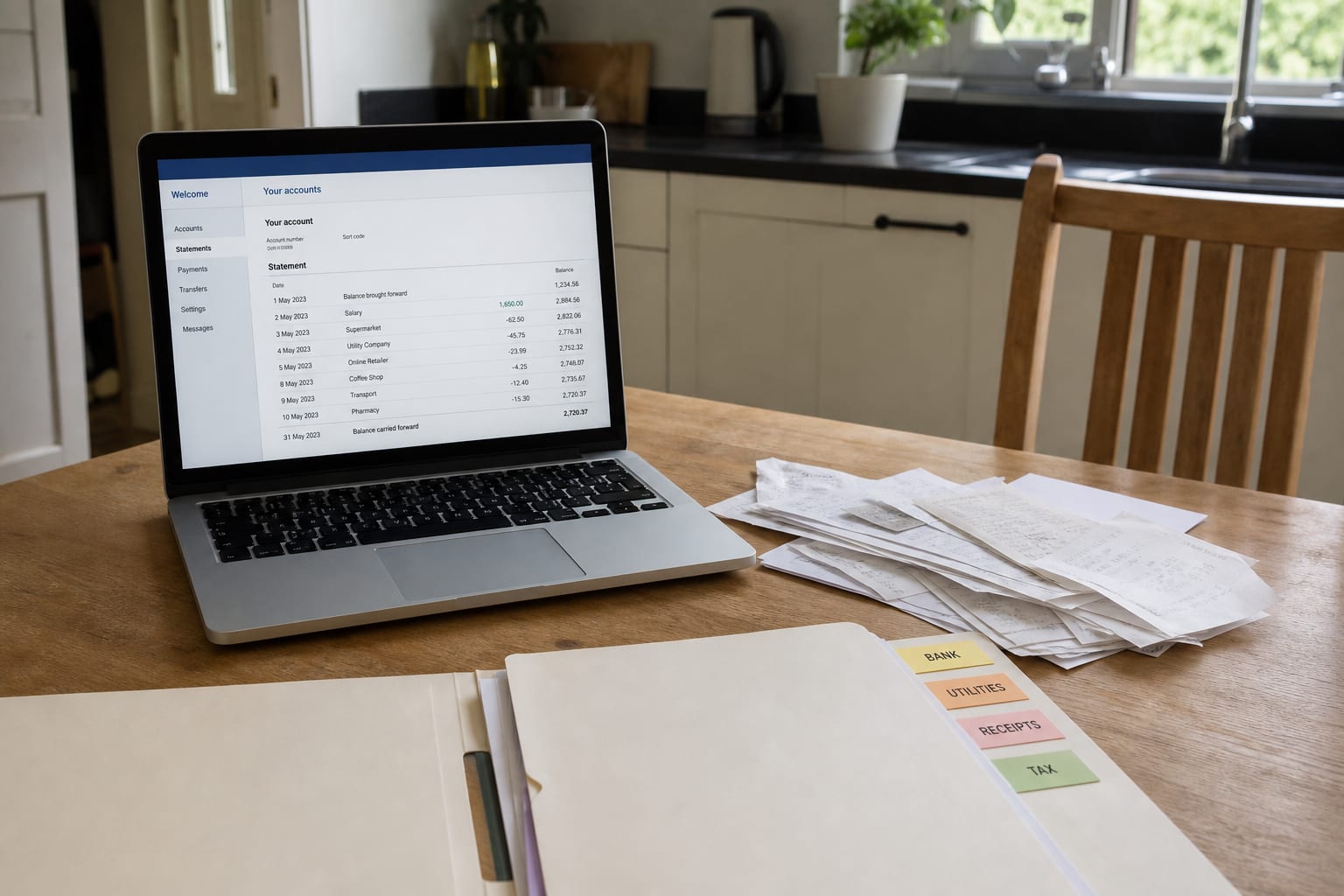 A kitchen table with a laptop showing an online banking statement page, beside a small stack of paper receipts and an open labeled folder