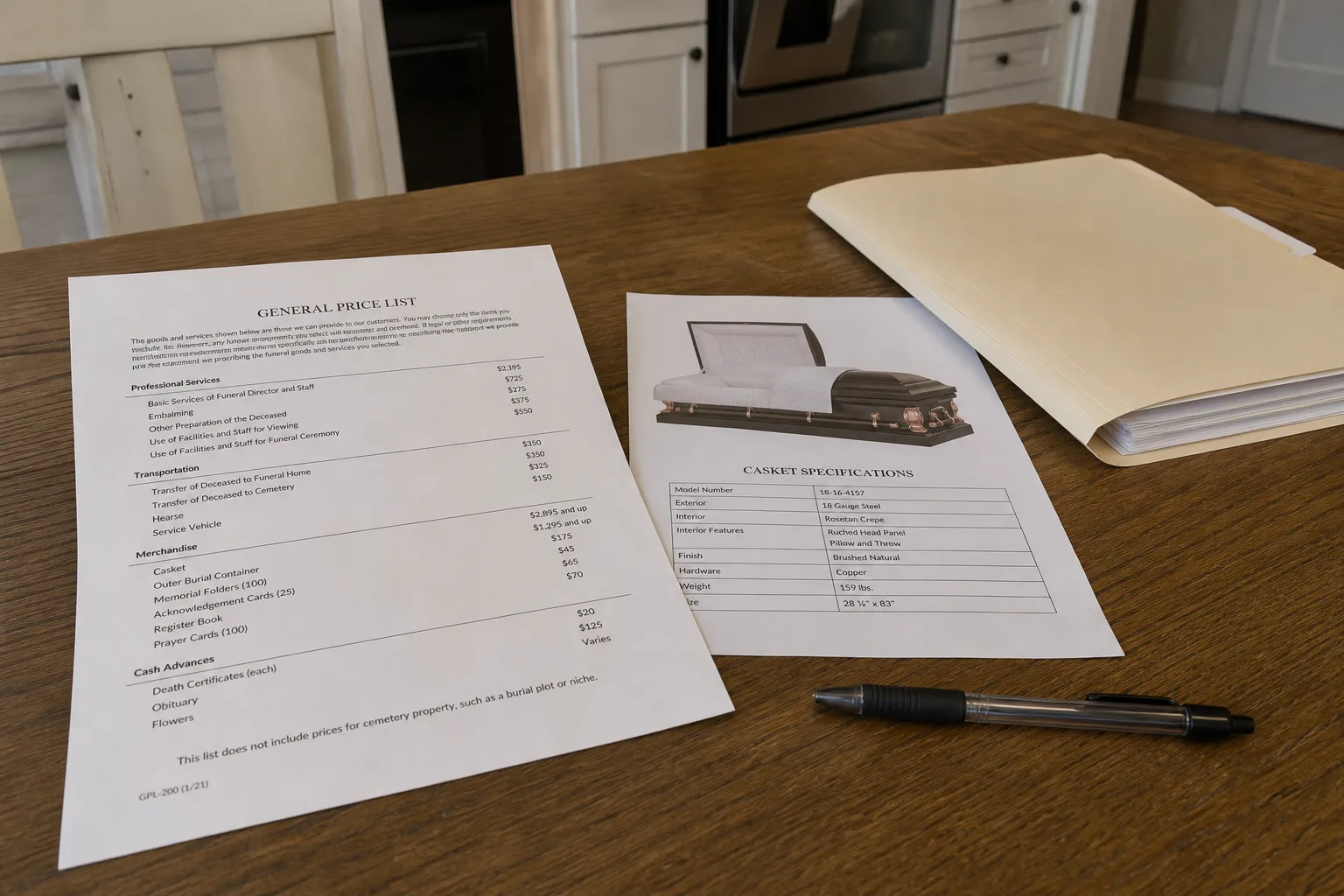 An itemized funeral home price list on a kitchen table beside a printed casket specification sheet, a pen, and a folder of papers