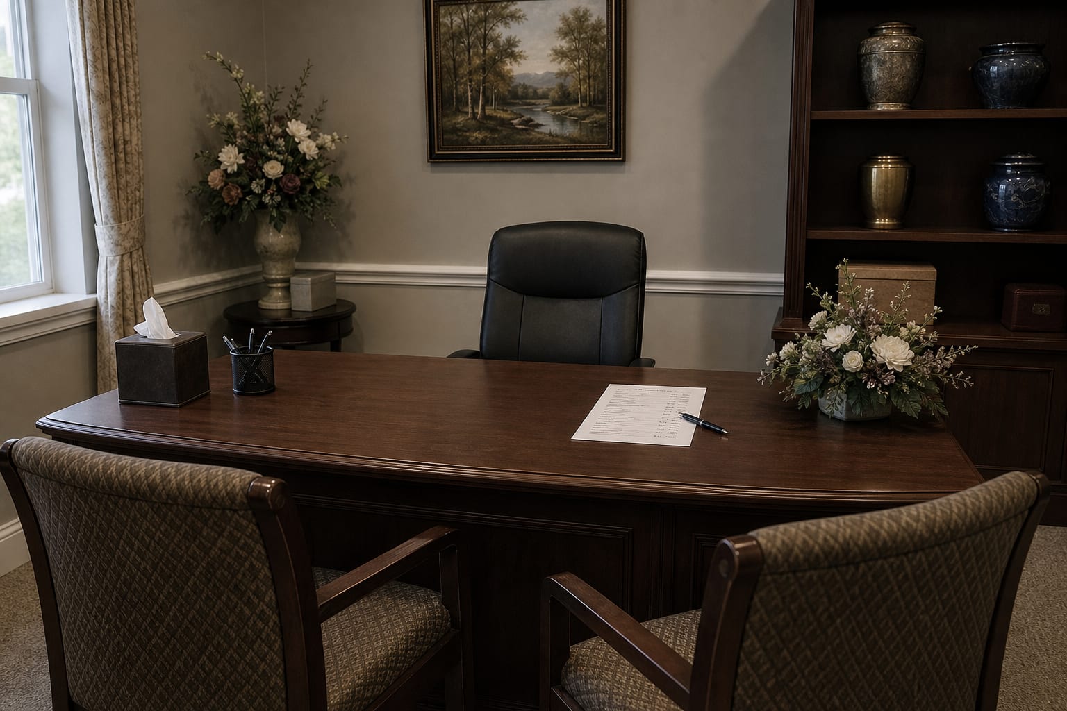 A funeral home arrangement office with an empty desk, an itemized price list and a pen laid on the surface, and two chairs facing it