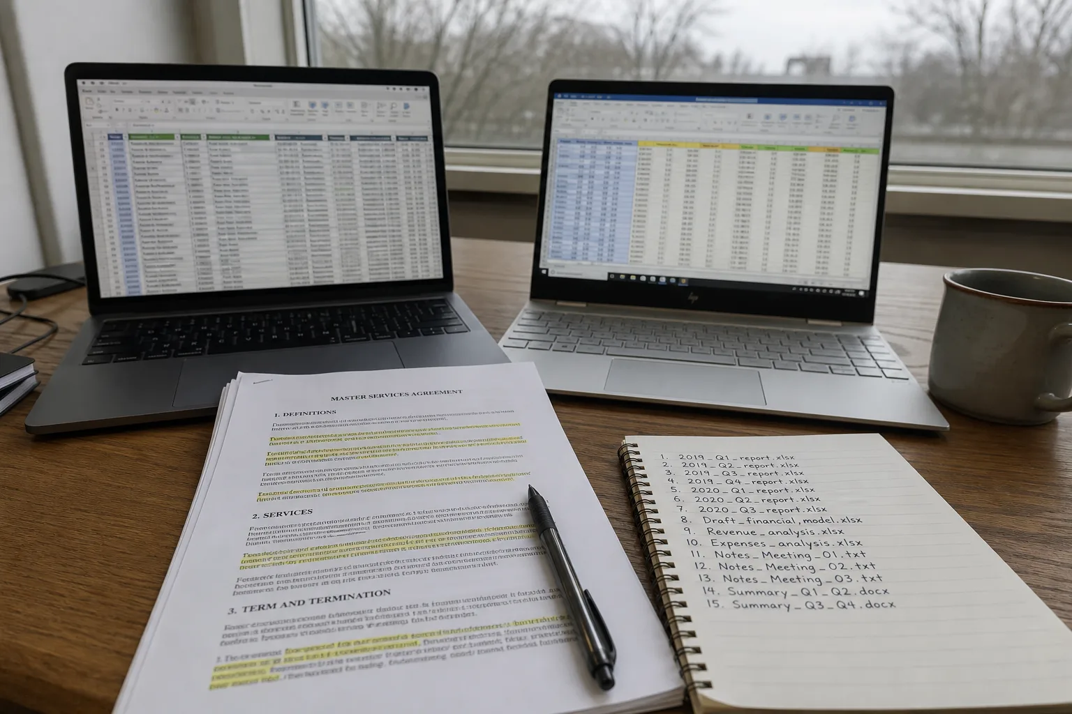 A desk with two laptop screens showing spreadsheet data tables side by side, a printed contract with clauses marked in highlighter, and a notebook listing fi...