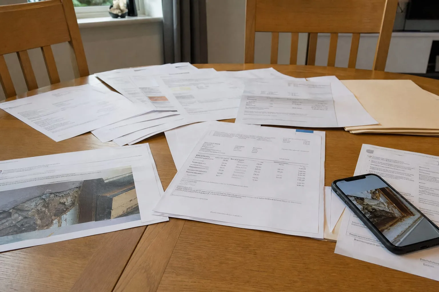 A dining table covered with printed emails, invoices and a phone displaying a photograph of damaged work