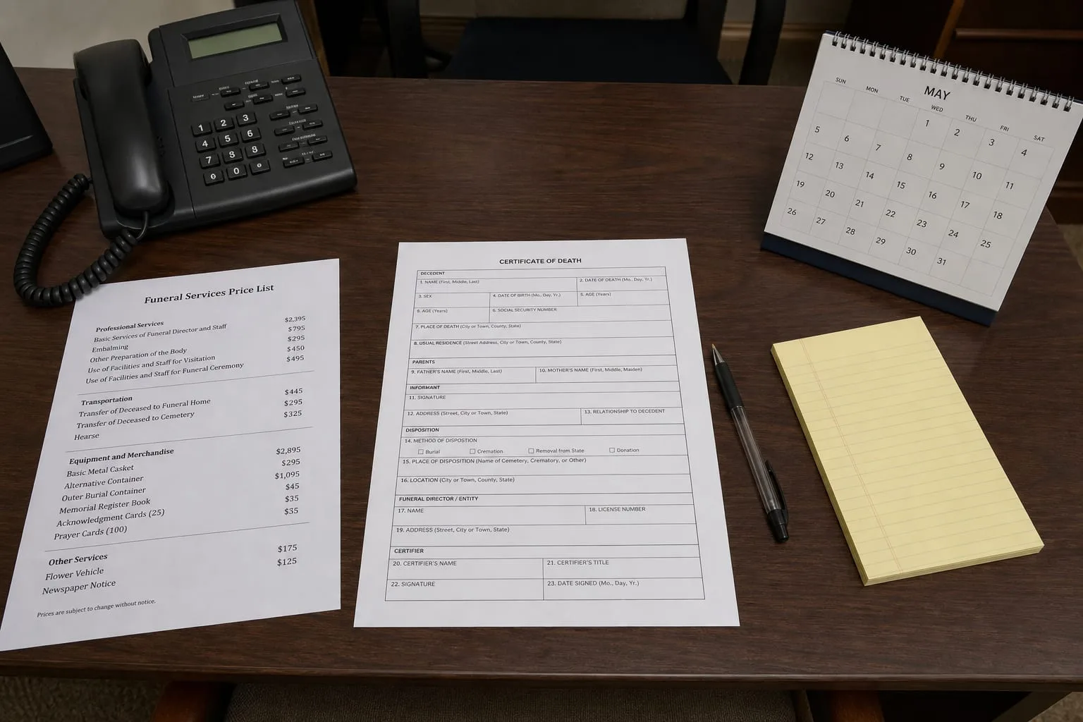 A funeral director's desk with an itemized printed price list, a blank death certificate form, a calendar, and a telephone, viewed from above
