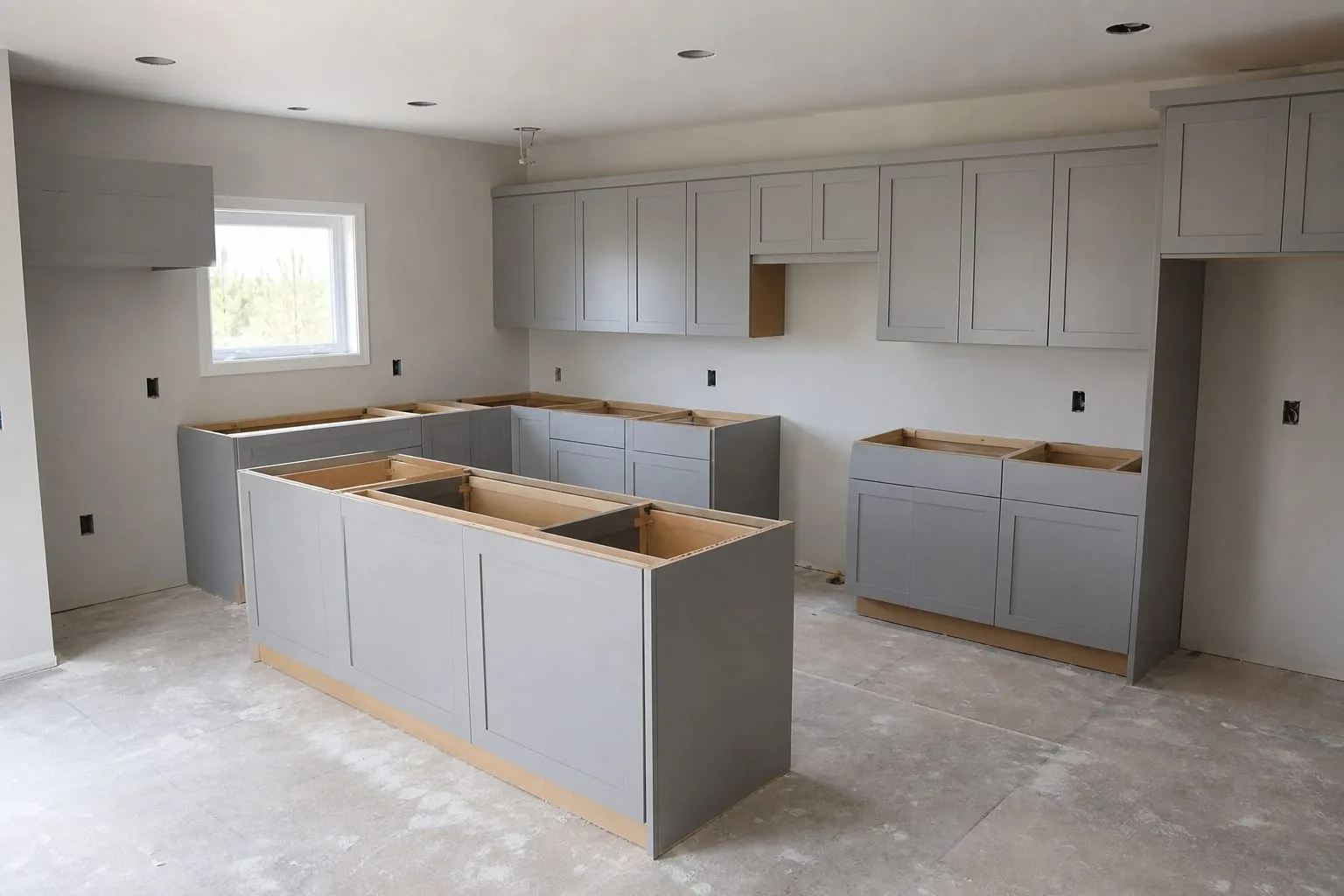 A partly finished kitchen with new cabinets installed and countertops not yet fitted