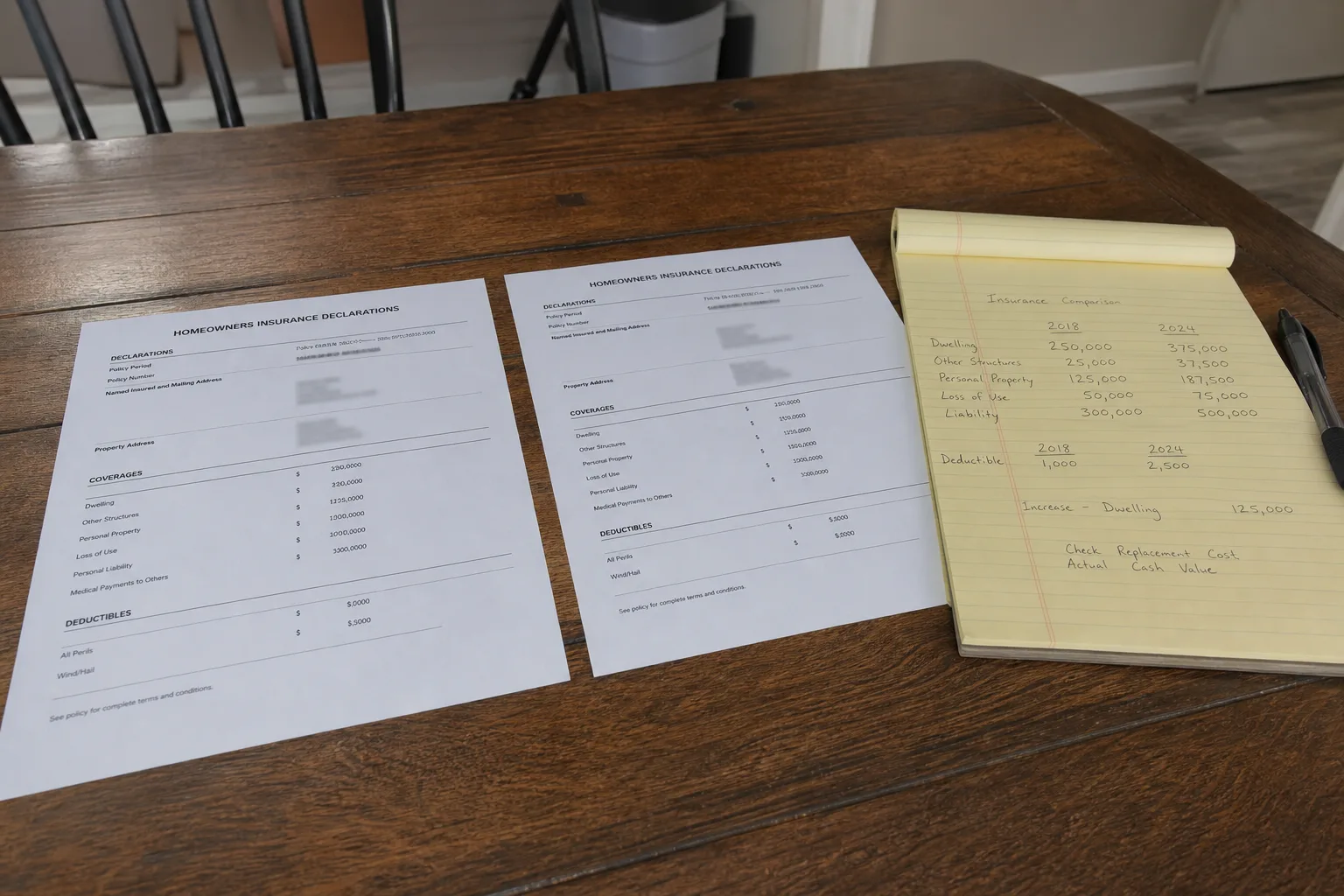 A kitchen table with two homeowners insurance declarations pages from different years laid side by side, a pen and a legal pad with handwritten notes beside...