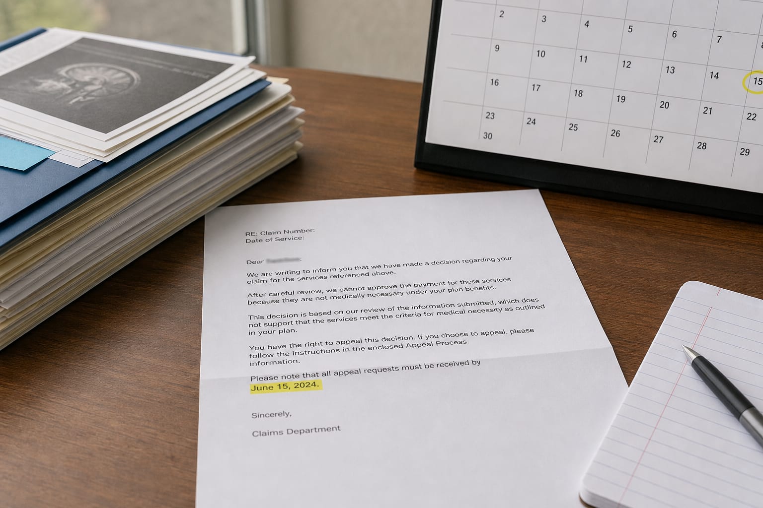 A denial letter from a health insurer on a desk beside a stack of medical records, a highlighted deadline date, and a calendar