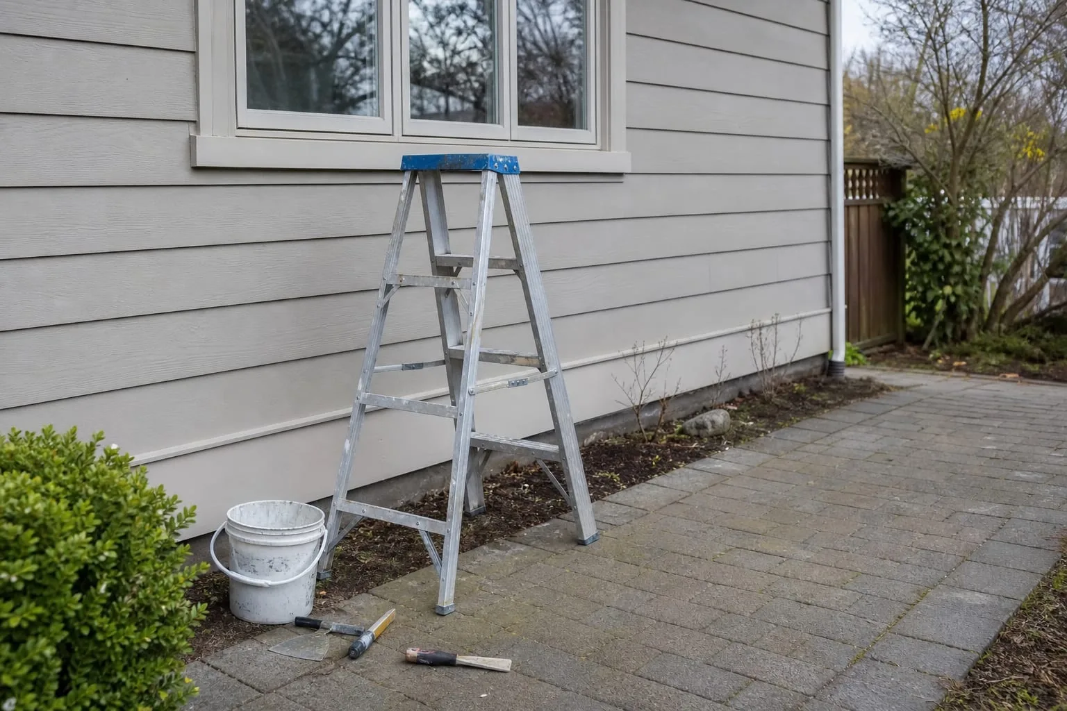 A stepladder set up beside a house wall with a bucket and hand tools on the ground next to it