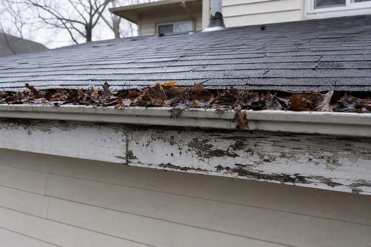 A residential gutter at the roof edge packed with wet leaves, with a stained and peeling fascia board beneath it