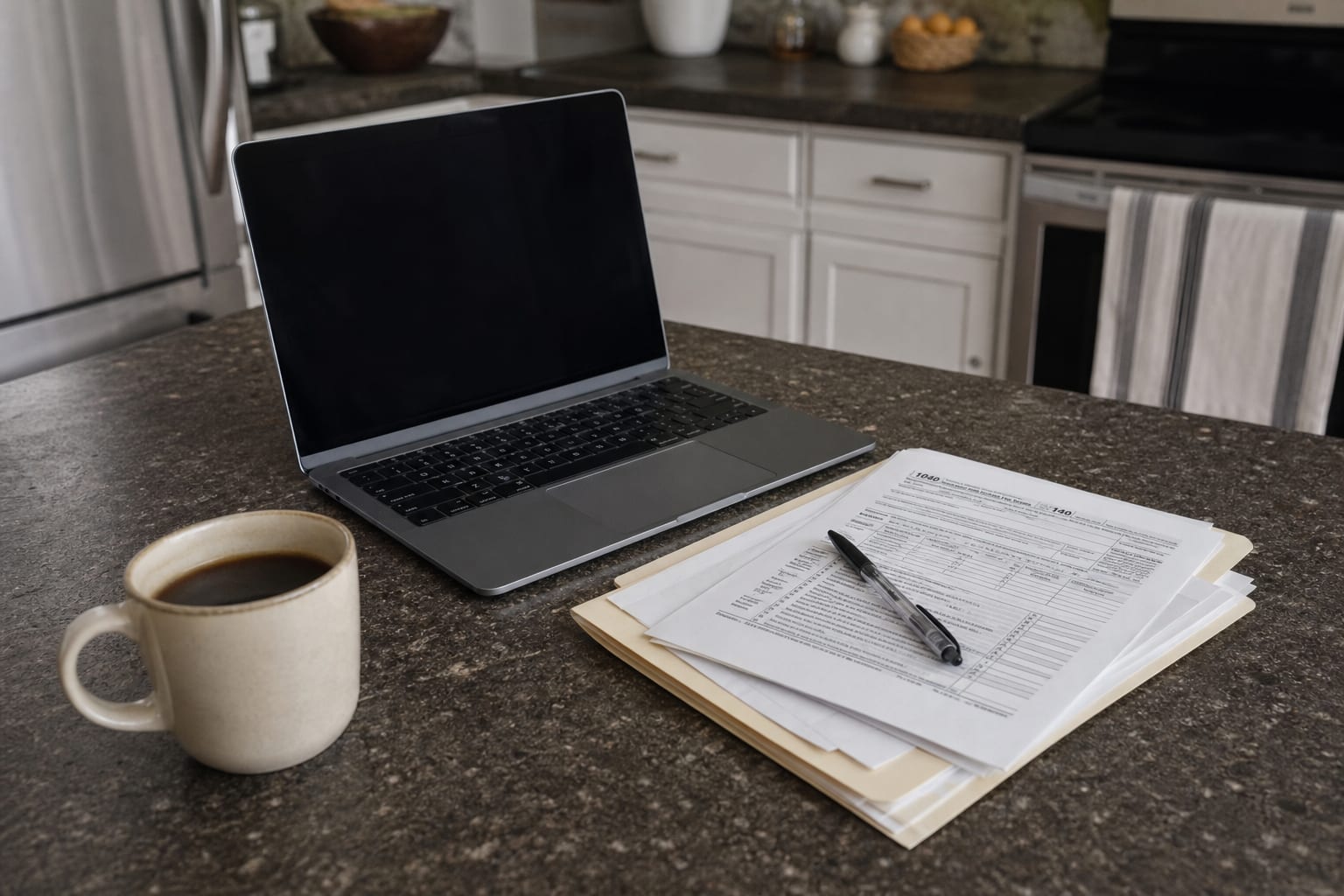 A laptop on a kitchen counter beside a folder of tax documents and a cup of coffee