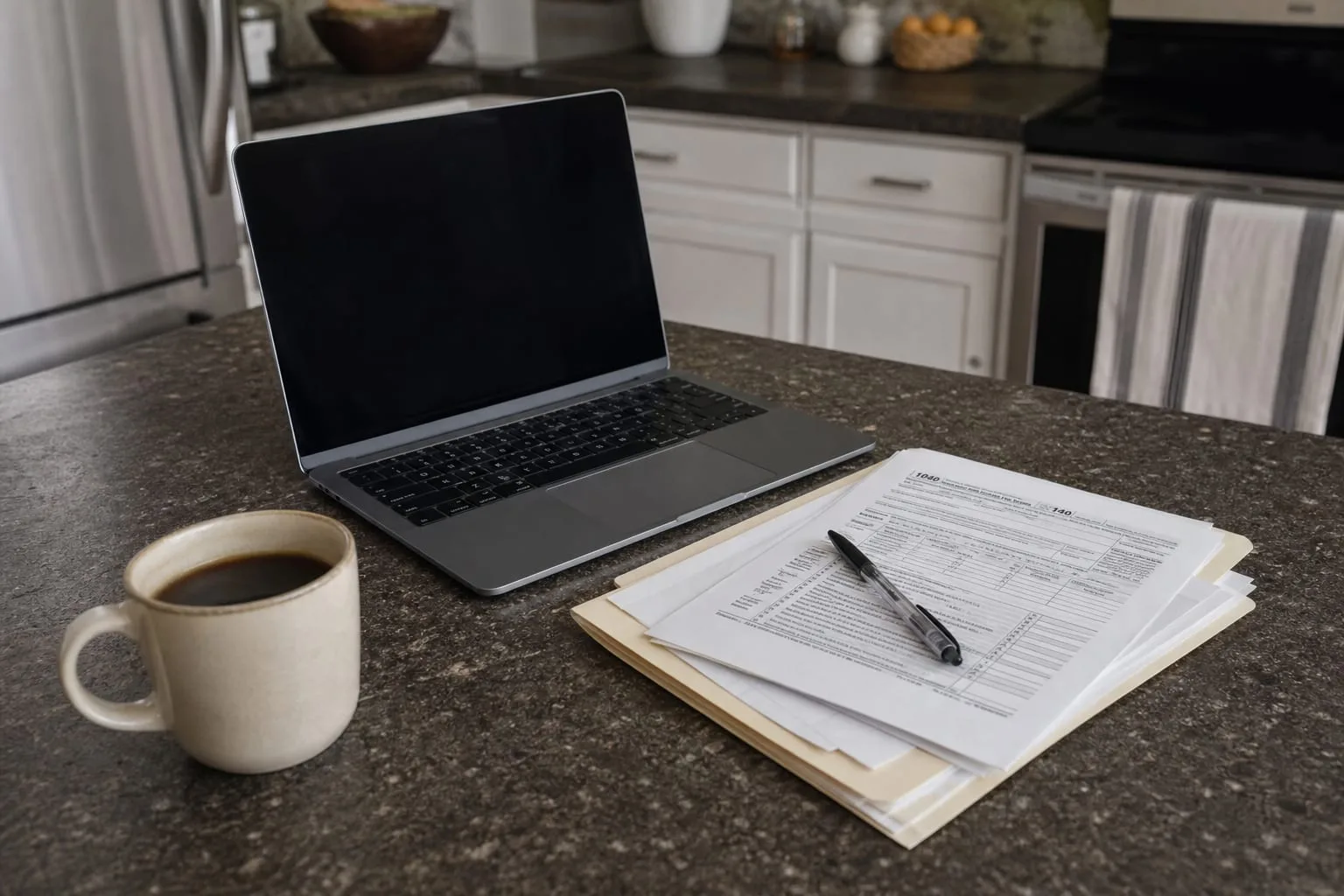 A laptop on a kitchen counter beside a folder of tax documents and a cup of coffee