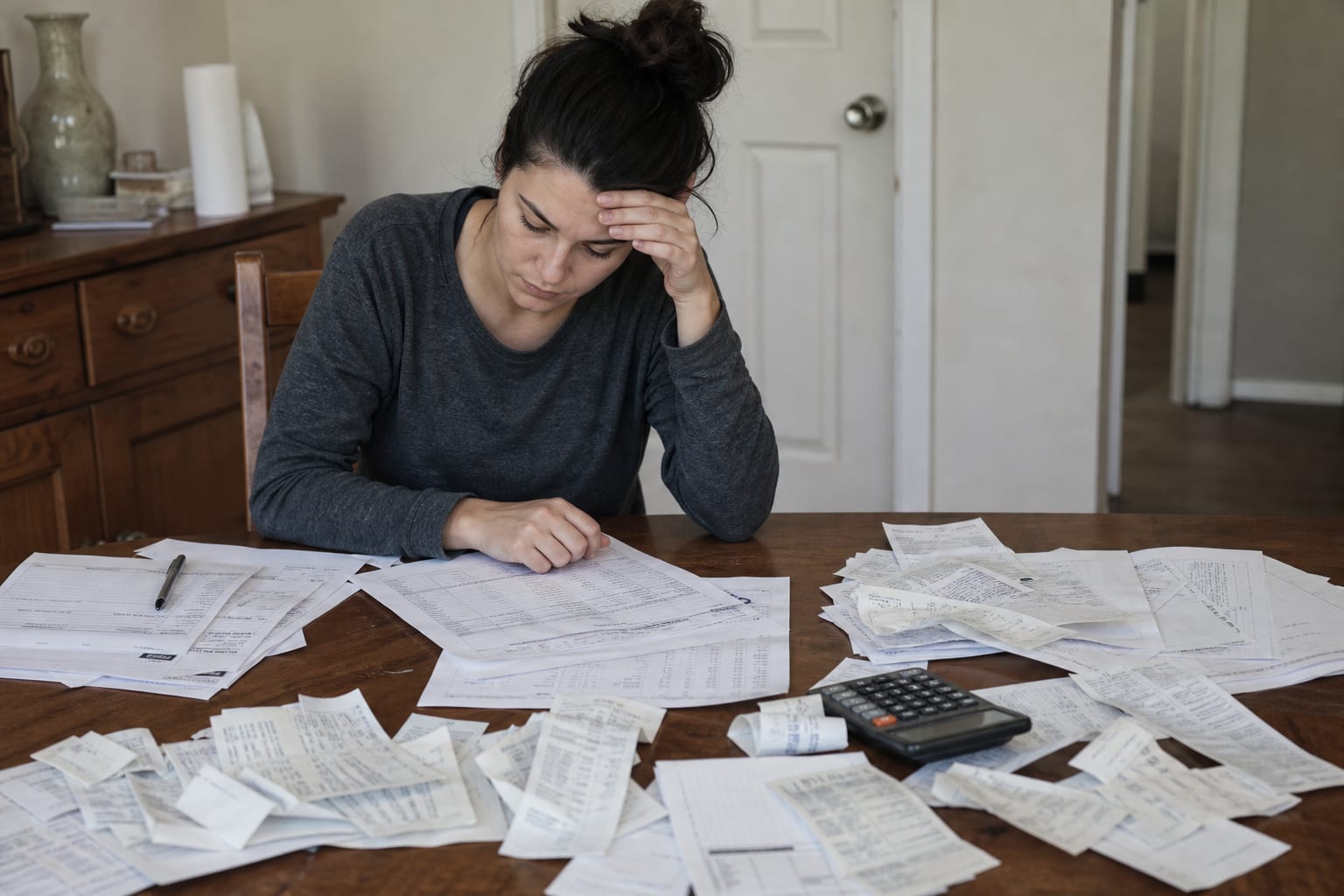 A dining table covered with paper receipts, bank statements and a desk calculator