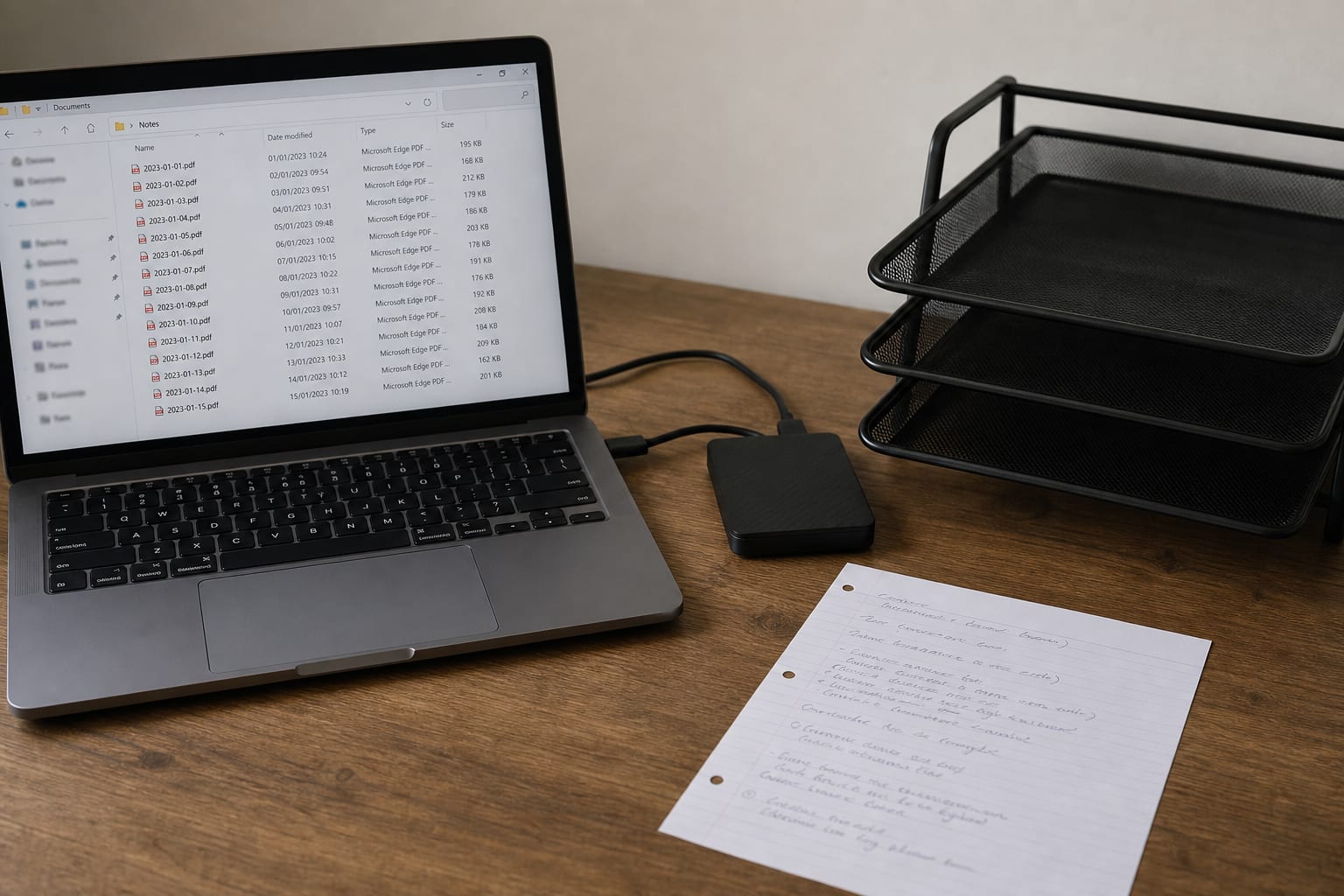 An external hard drive and a single printed sheet of handwritten notes on a wooden desk beside a laptop showing a folder of dated PDF files, with an empty pa...