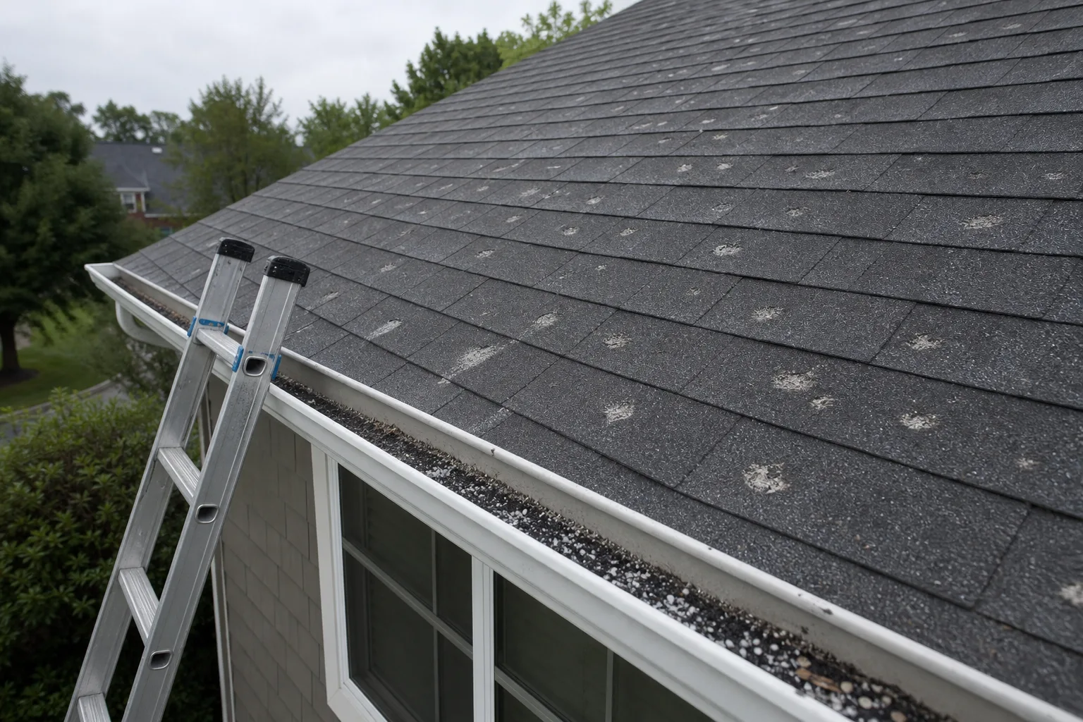 A residential asphalt shingle roof with visible hail impact marks and scattered granules collected in the gutter, with a ladder leaning against the eave