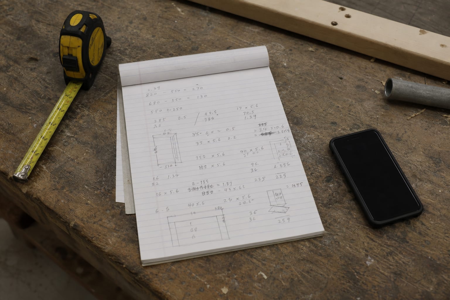 A notepad covered in handwritten calculations on a workbench beside a tape measure and a phone
