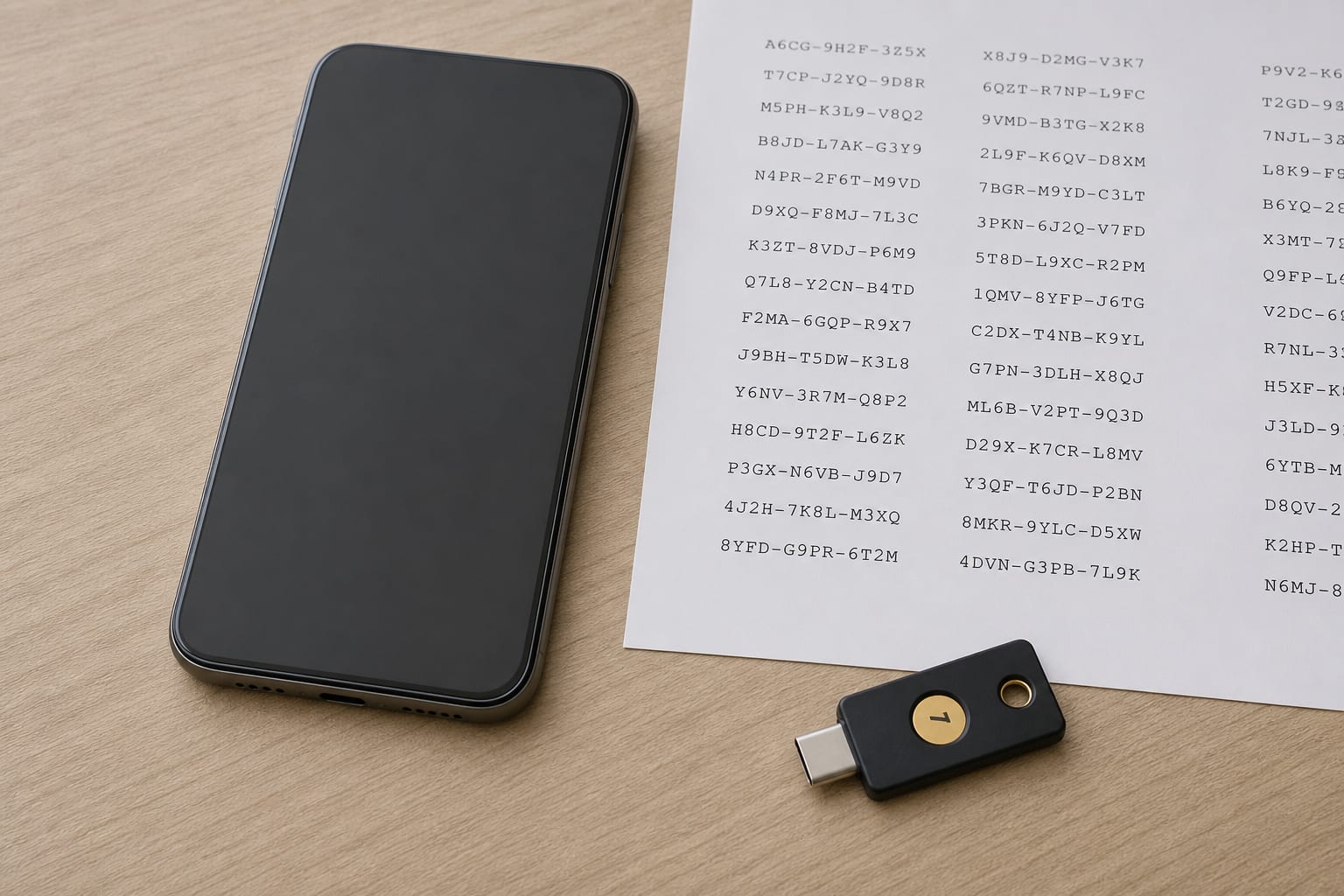 A blank new smartphone lying face up on a desk beside a printed sheet of codes and a small security key