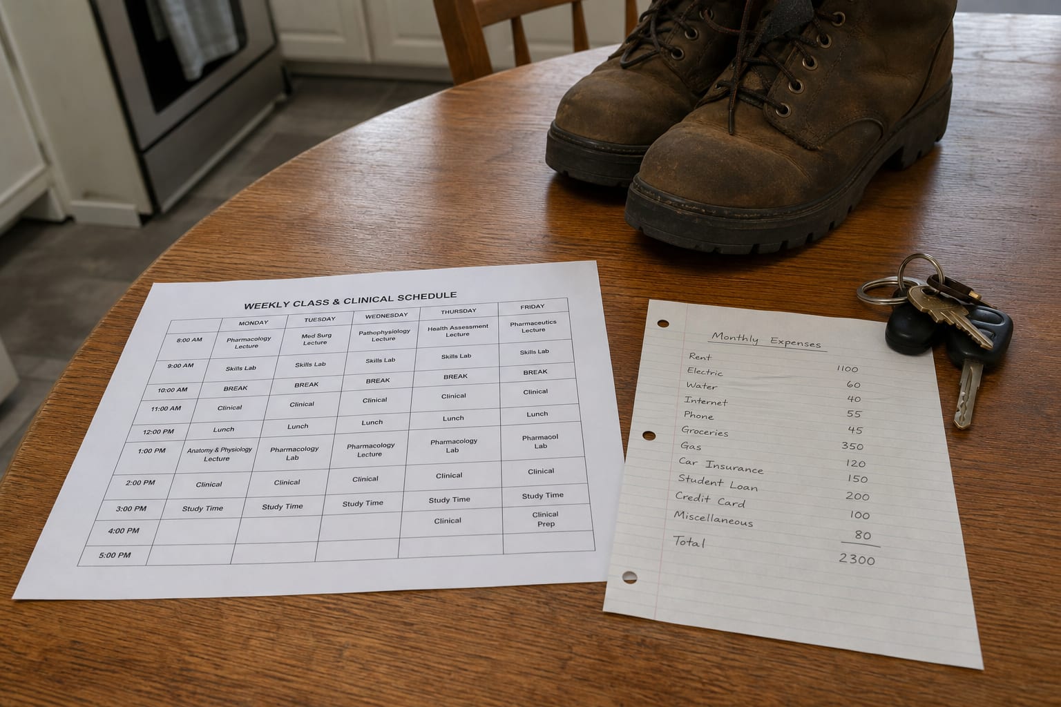 A printed weekly class and clinical schedule on a kitchen table beside a handwritten monthly expense list, a set of work boots, and a set of keys