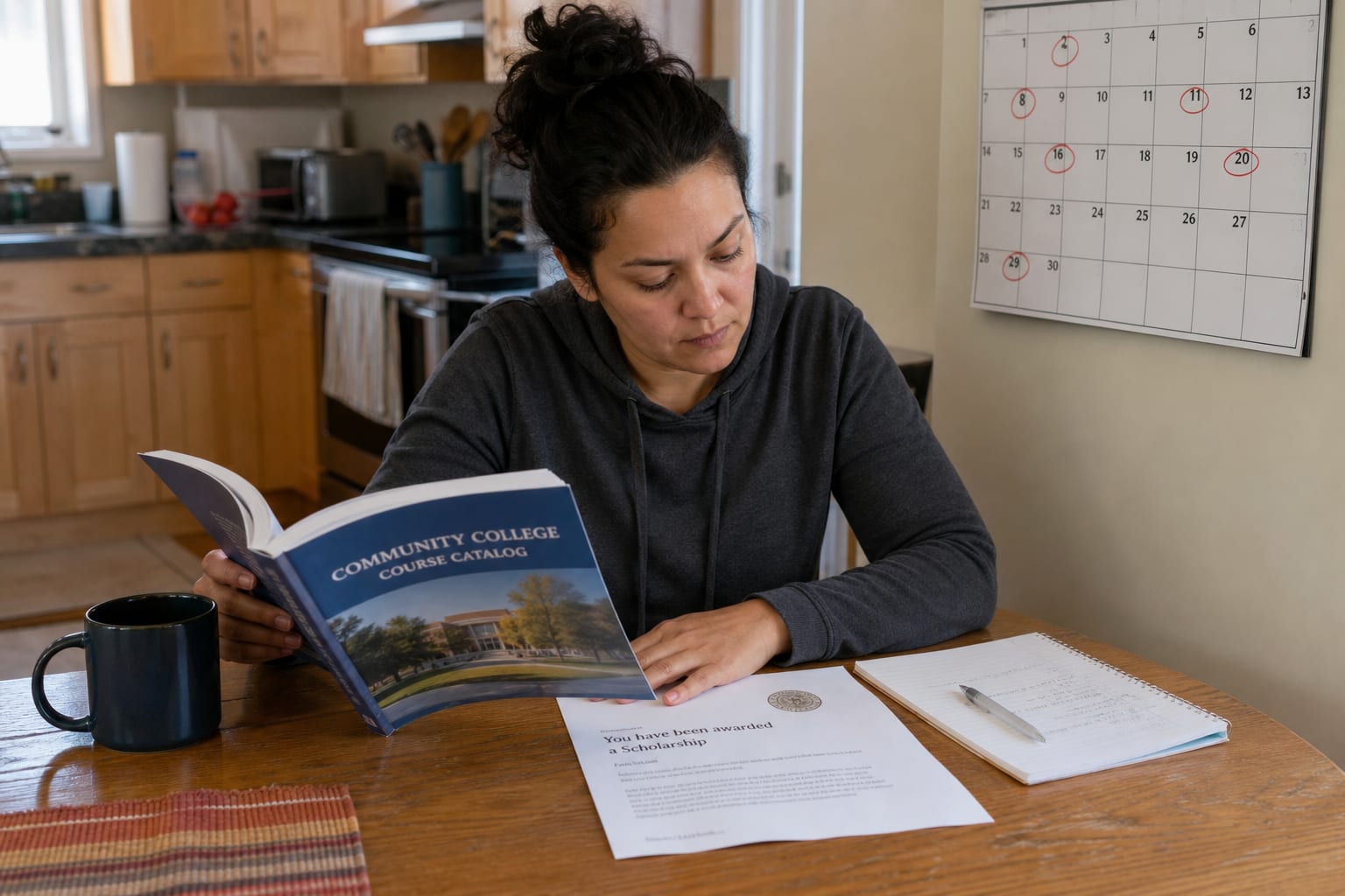 An adult student sitting at a kitchen table with a community college course catalog, printed award letter and a wall calendar with several dates circled