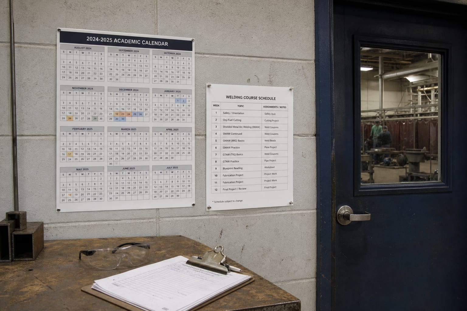 A wall-mounted academic calendar and printed course schedule pinned beside a welding shop door, with safety glasses and a clipboard on a nearby bench