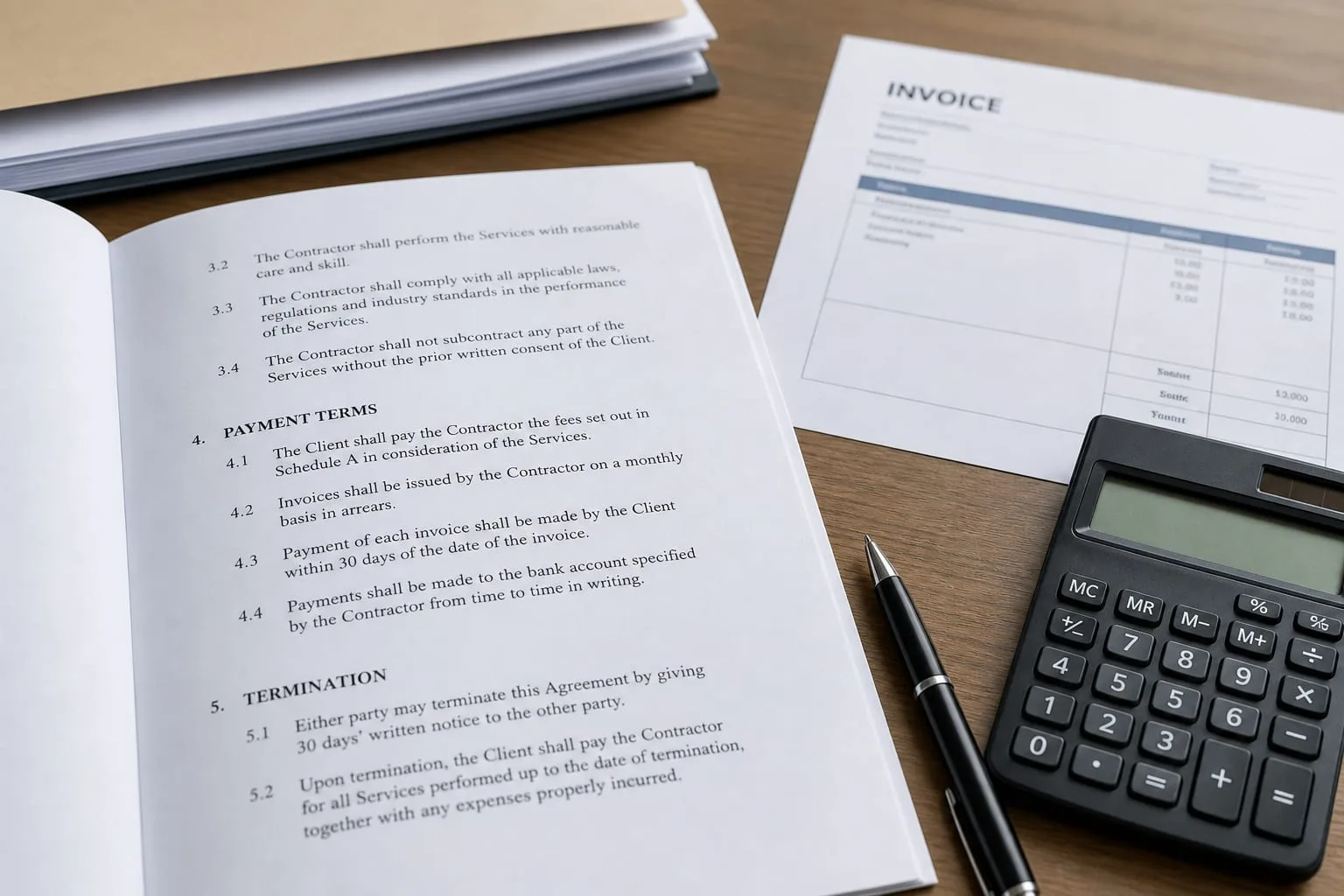 A printed contract open to a payment terms section on a desk beside an invoice and a calculator