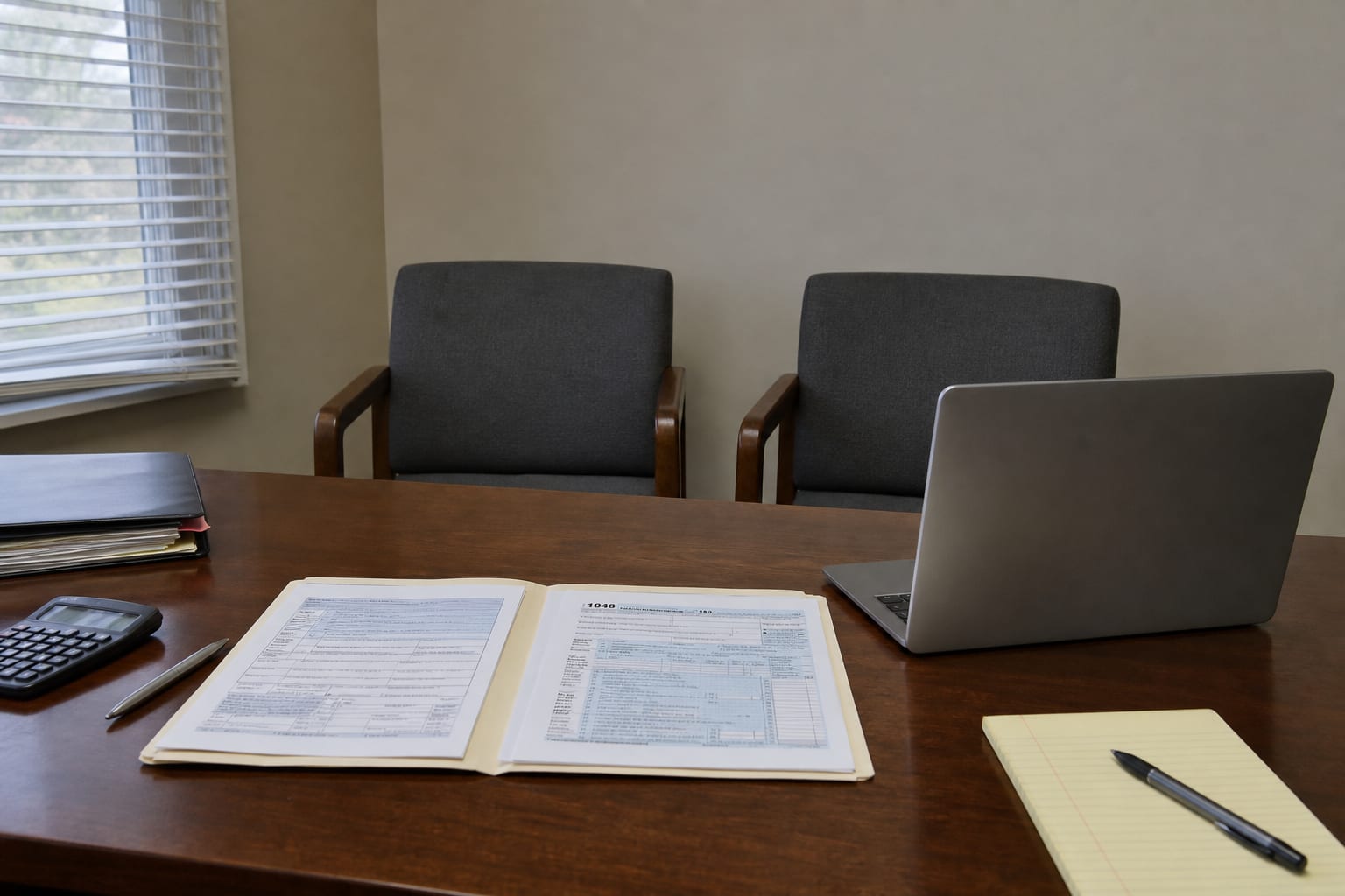A desk with an open folder of tax forms, a laptop turned away and two chairs on the far side