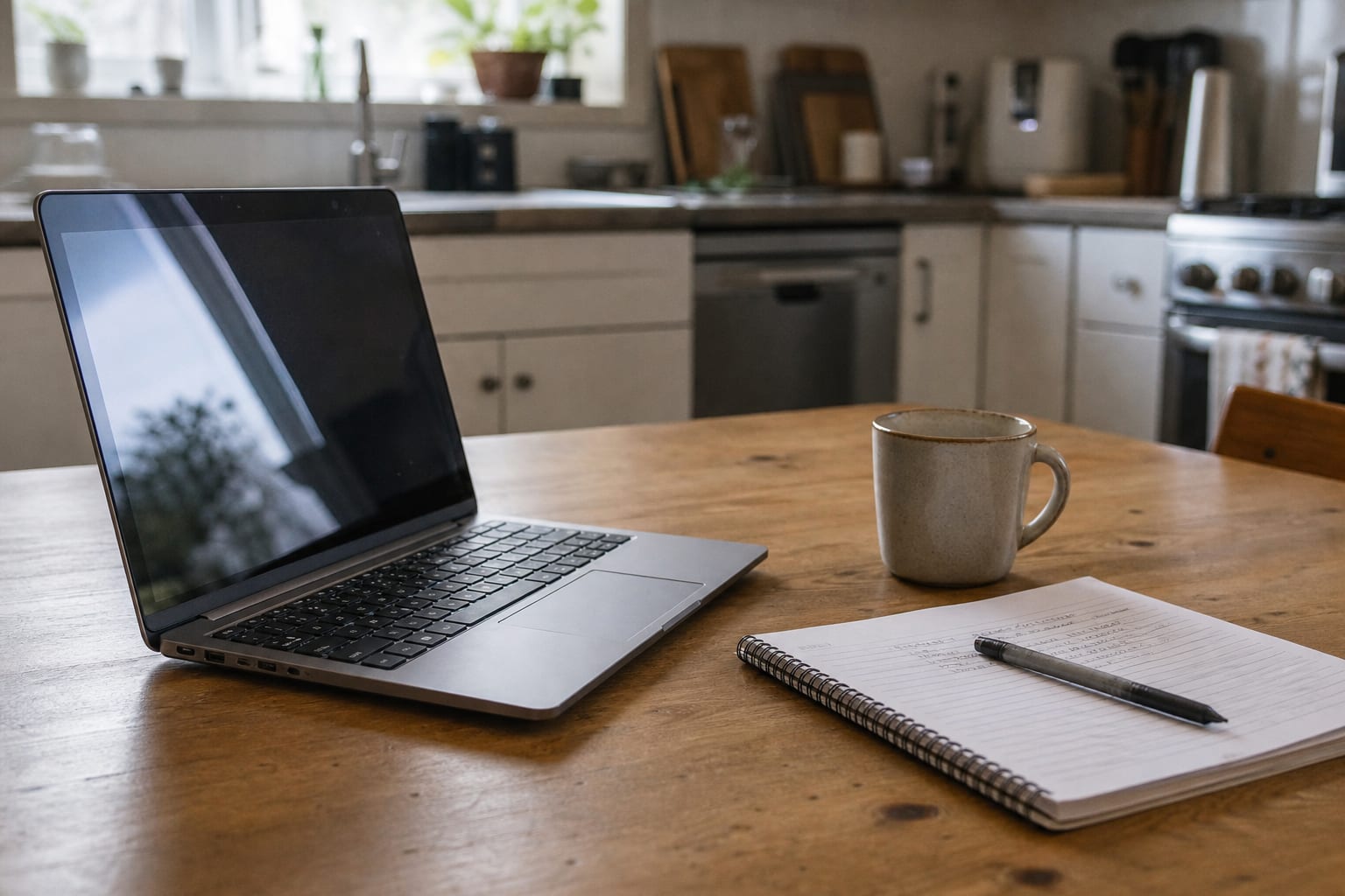 A laptop open on a kitchen table beside a spiral notebook and a mug