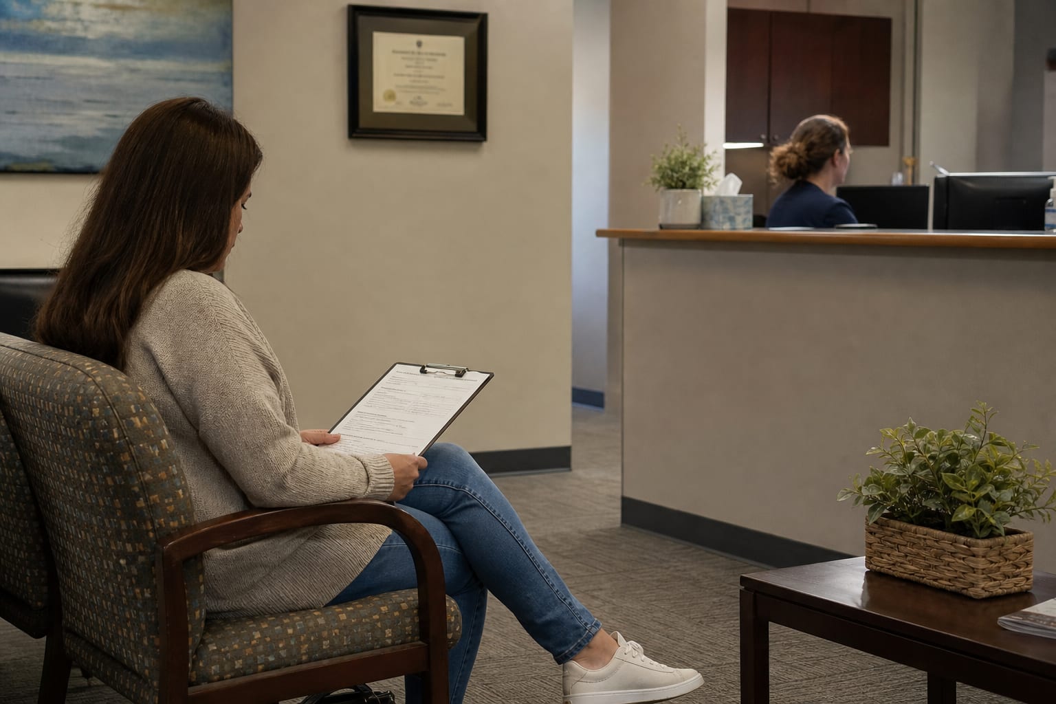 A patient seated in a small private medical office waiting area, holding a clipboard of intake paperwork, with a reception desk and a framed state license vi...