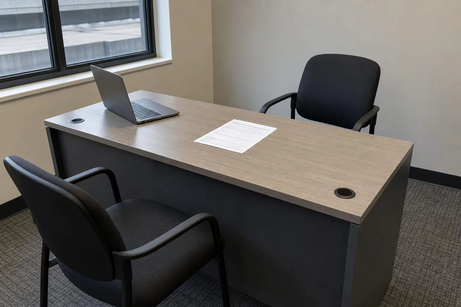 A small office desk with a printed application form, a laptop and two empty chairs facing each other