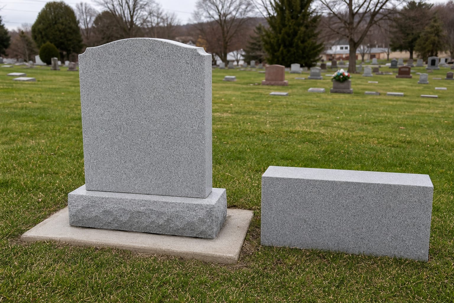 A granite upright headstone standing on a concrete foundation in a well-kept cemetery lawn, with a second uncarved granite blank resting nearby