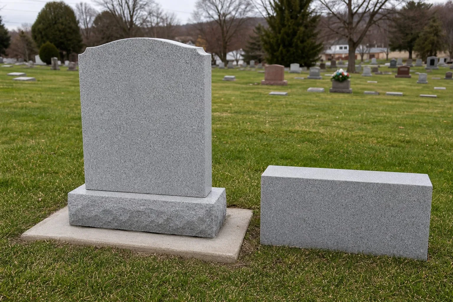A granite upright headstone standing on a concrete foundation in a well-kept cemetery lawn, with a second uncarved granite blank resting nearby