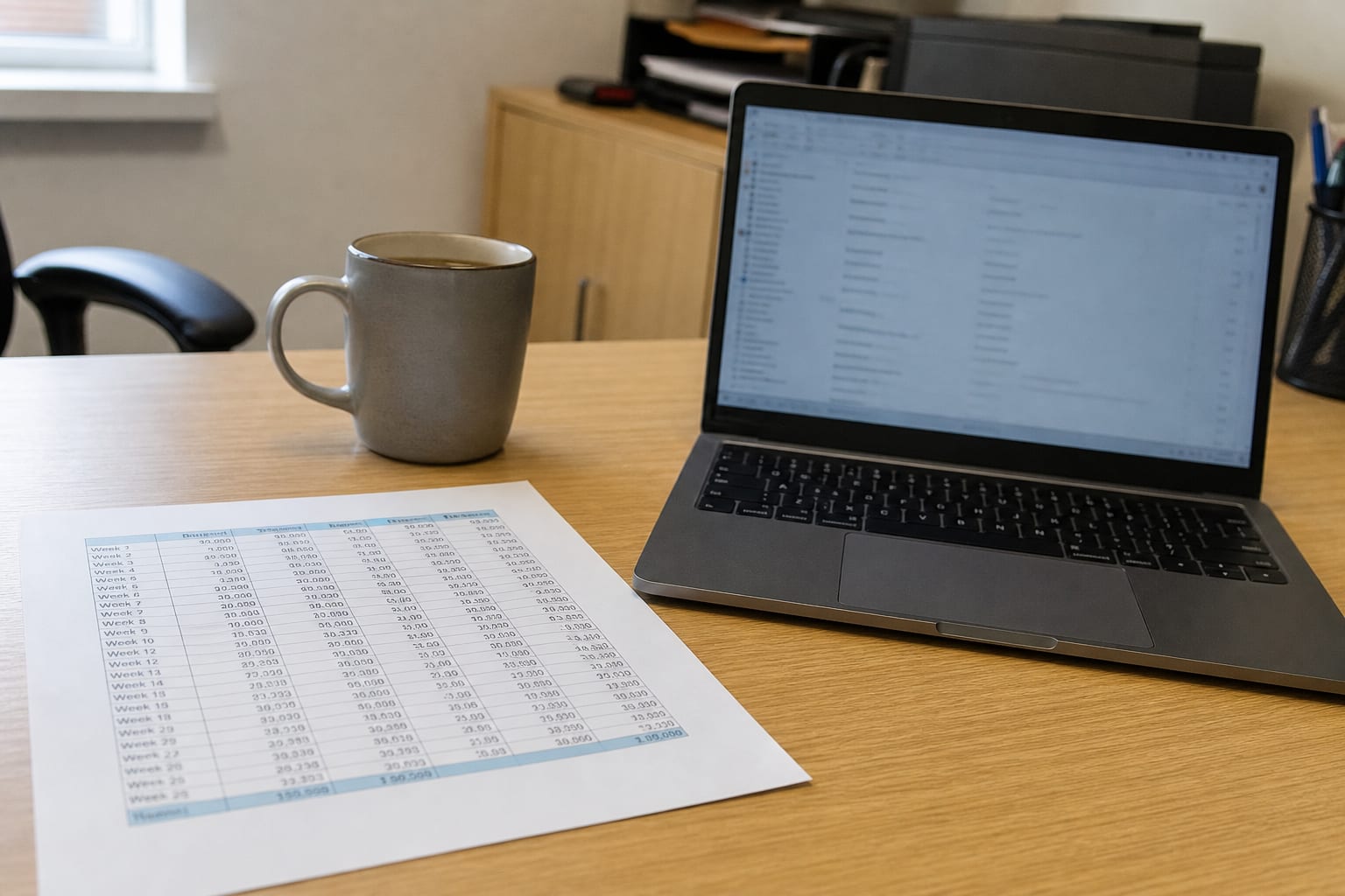 A spreadsheet of weekly figures printed on paper beside a laptop and a mug on a small office desk