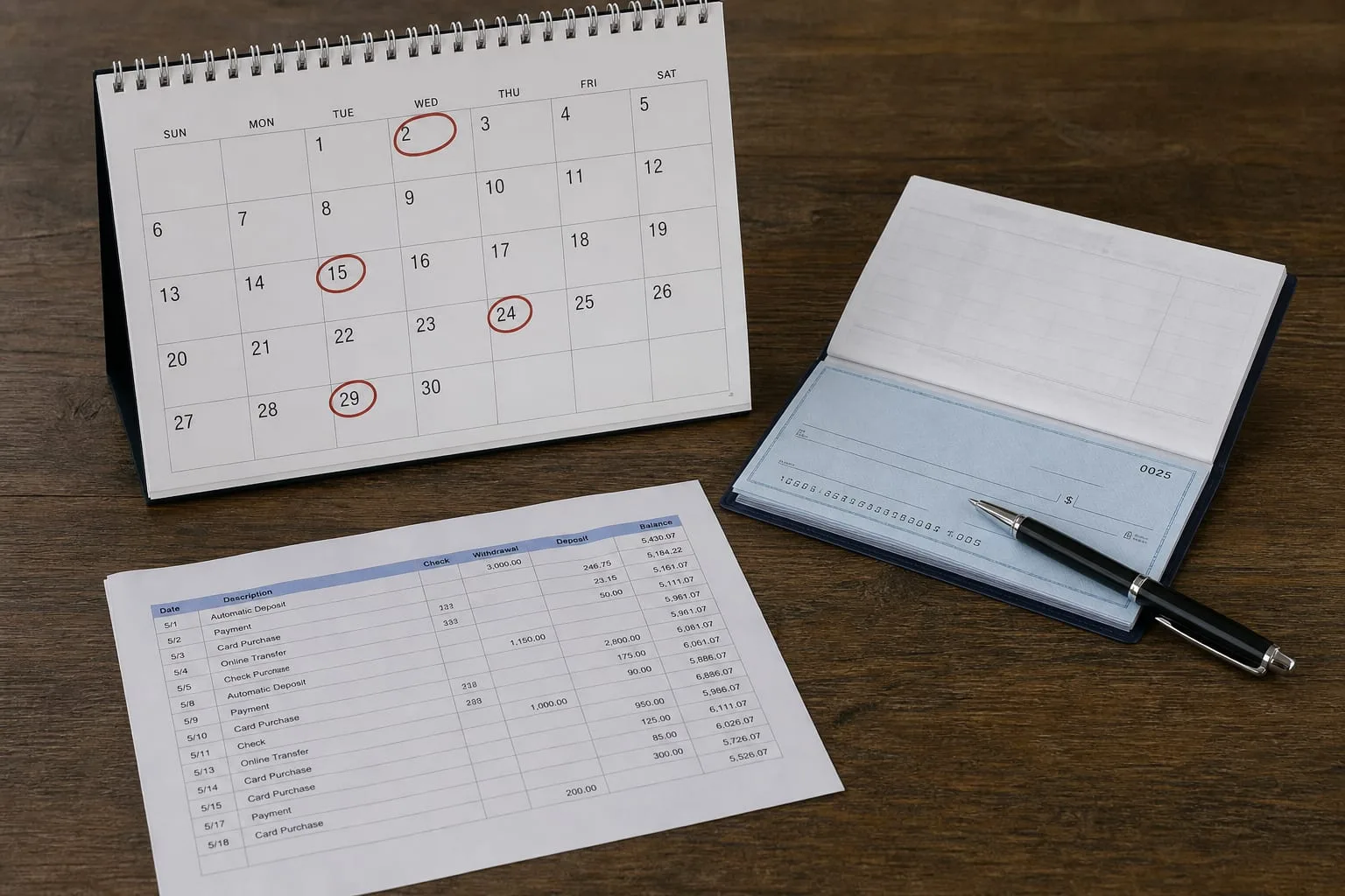 A desk calendar with four dates circled beside a checkbook and a bank statement