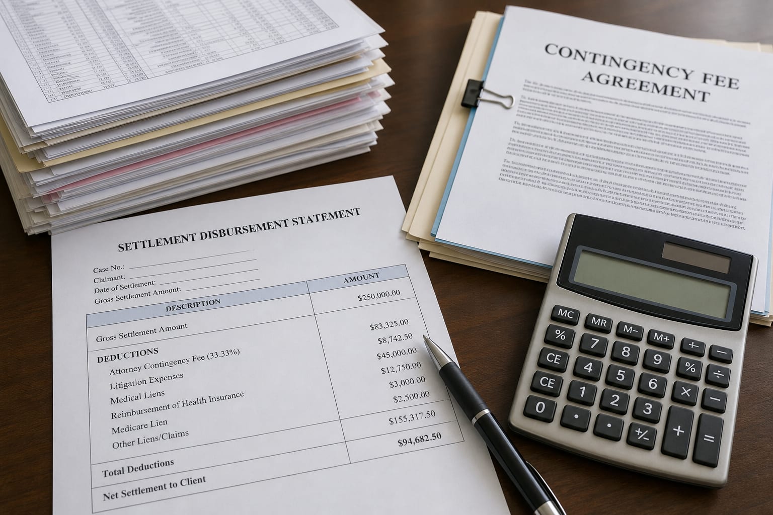 A settlement disbursement statement on a desk beside a contingency fee agreement, a stack of medical billing records and a calculator, with a pen resting on...