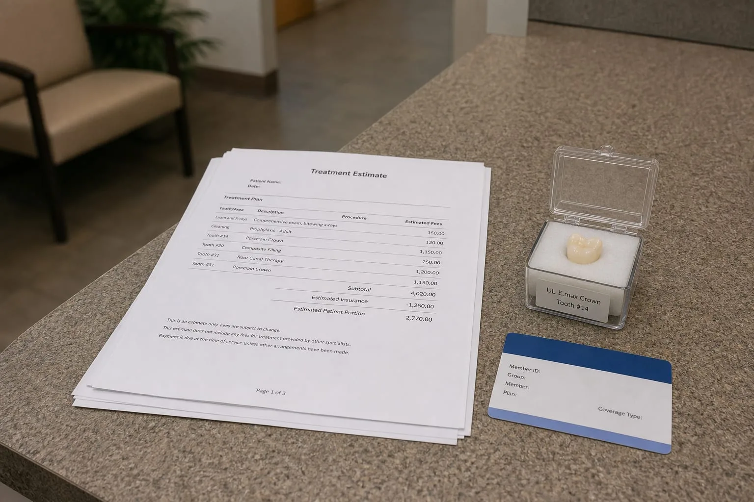 A printed multi-page treatment estimate on a clinic reception counter beside a dental crown in a small labeled lab box and an insurance card