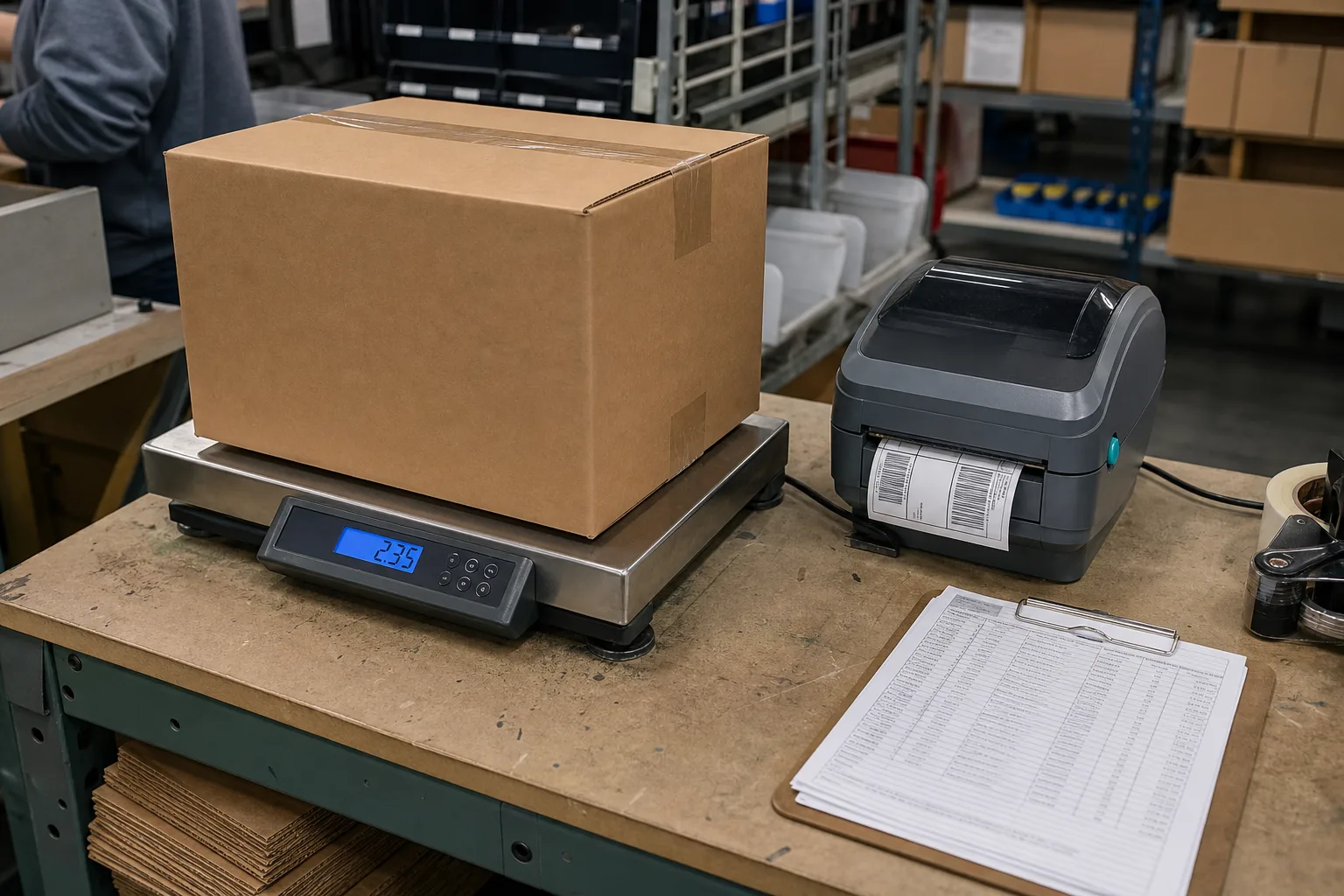 A warehouse packing station with a corrugated shipping box on a dimensional scale, a thermal label printer beside it, and a clipboard of rate sheets resting...