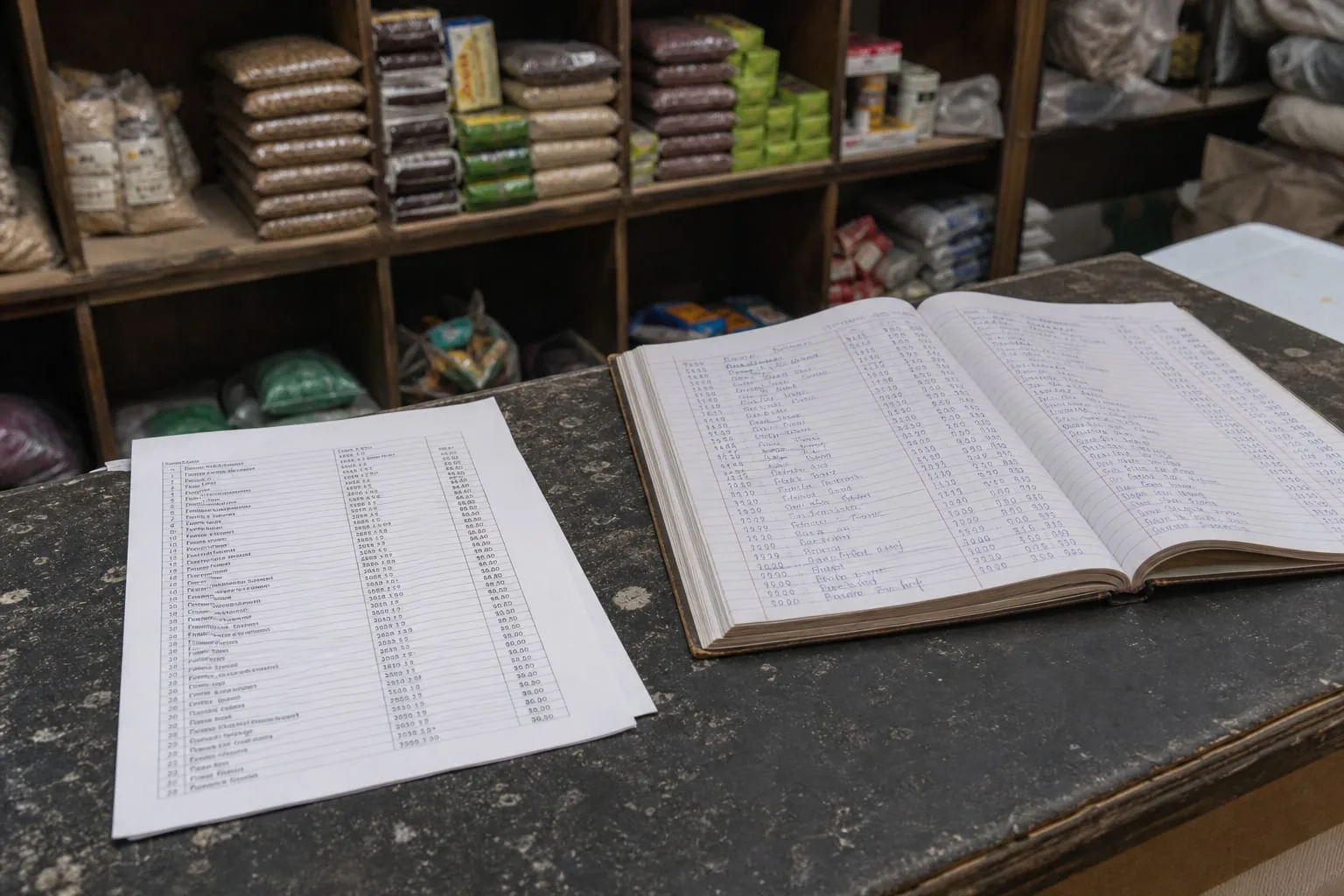 A printed price list and a customer ledger open on a small business counter