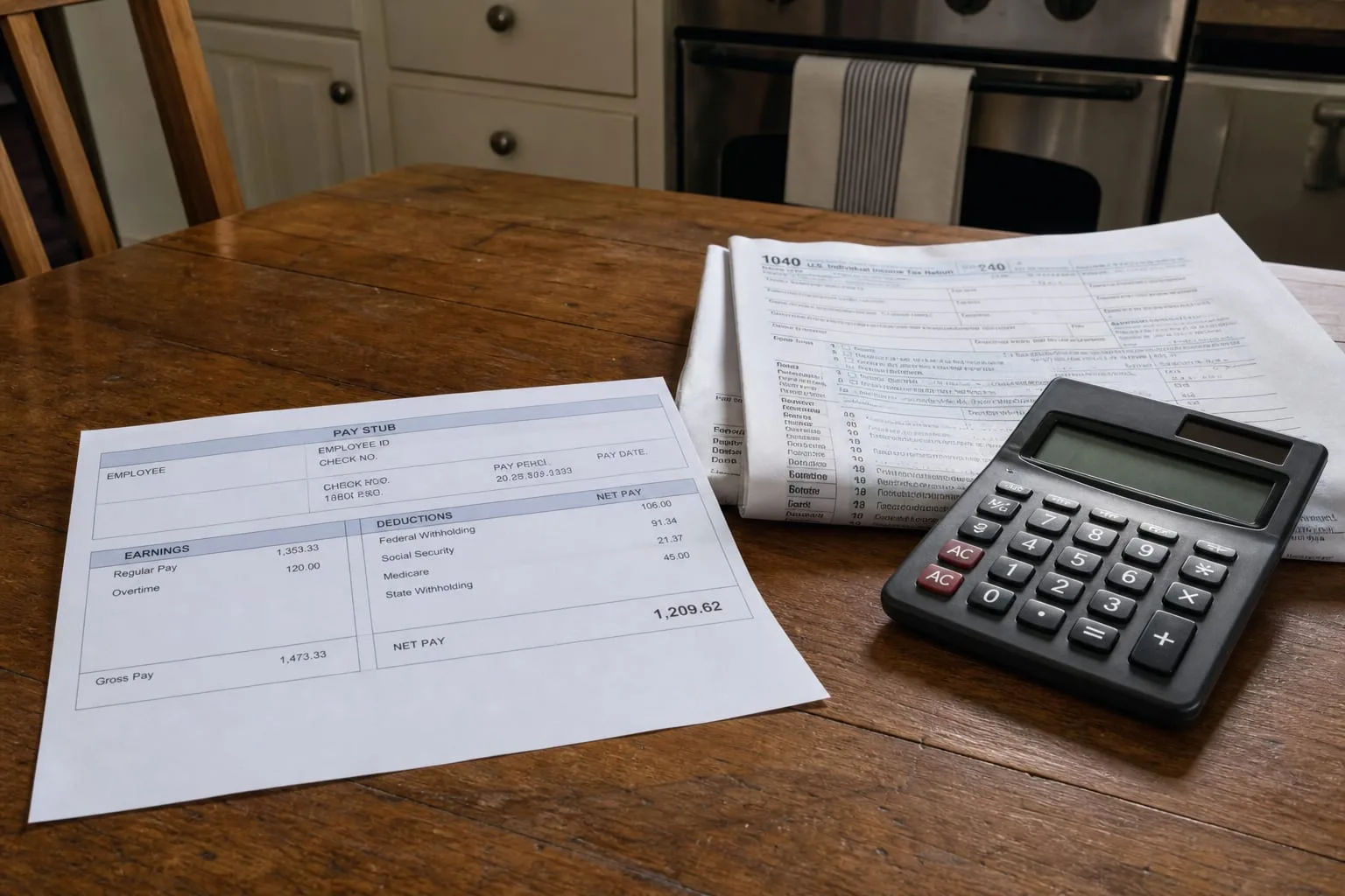 A printed pay stub lying on a kitchen table beside a calculator and a folded tax return