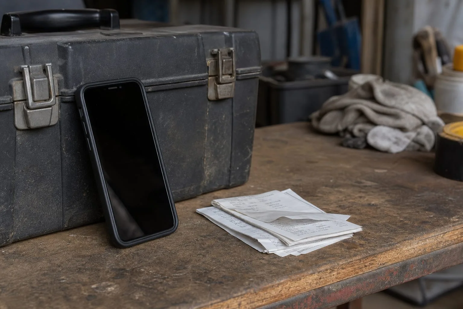 A phone propped against a toolbox on a workbench beside a small stack of paper receipts