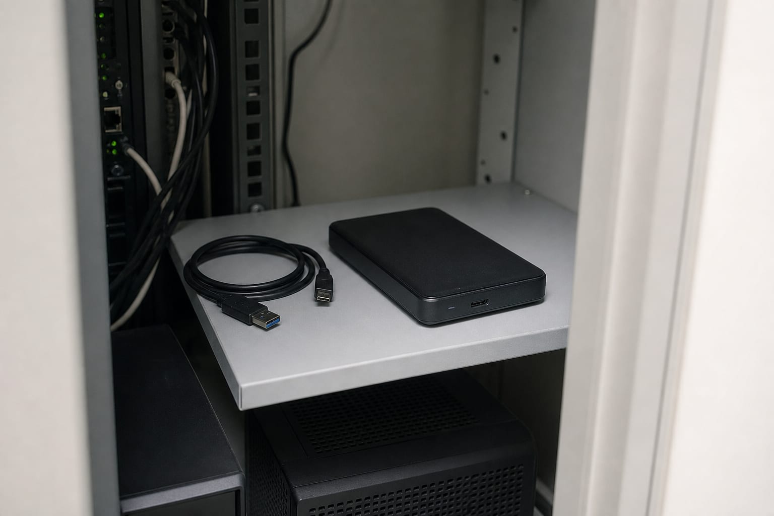 An external hard drive and a coiled cable sitting on a shelf in a small office server cupboard