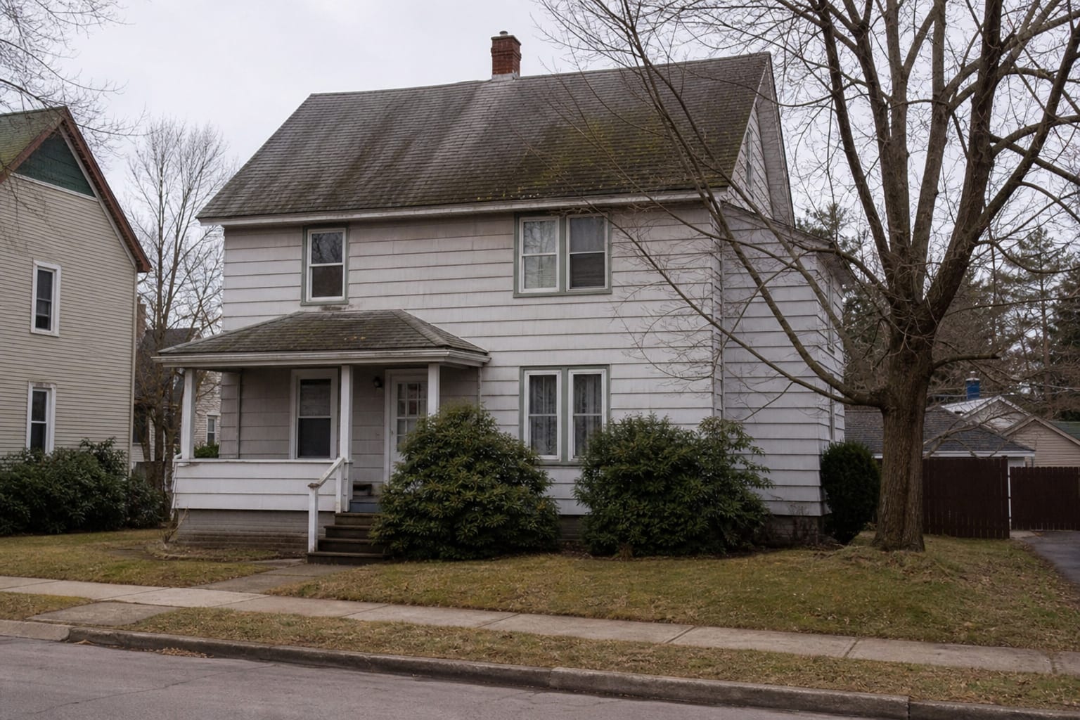 A two story house exterior photographed from the sidewalk with an aging asphalt shingle roof