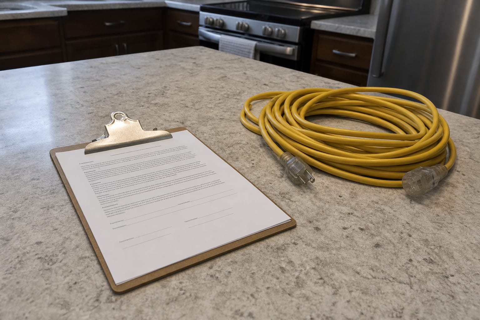 A clipboard holding a printed contract resting on a kitchen counter beside a coiled extension cord