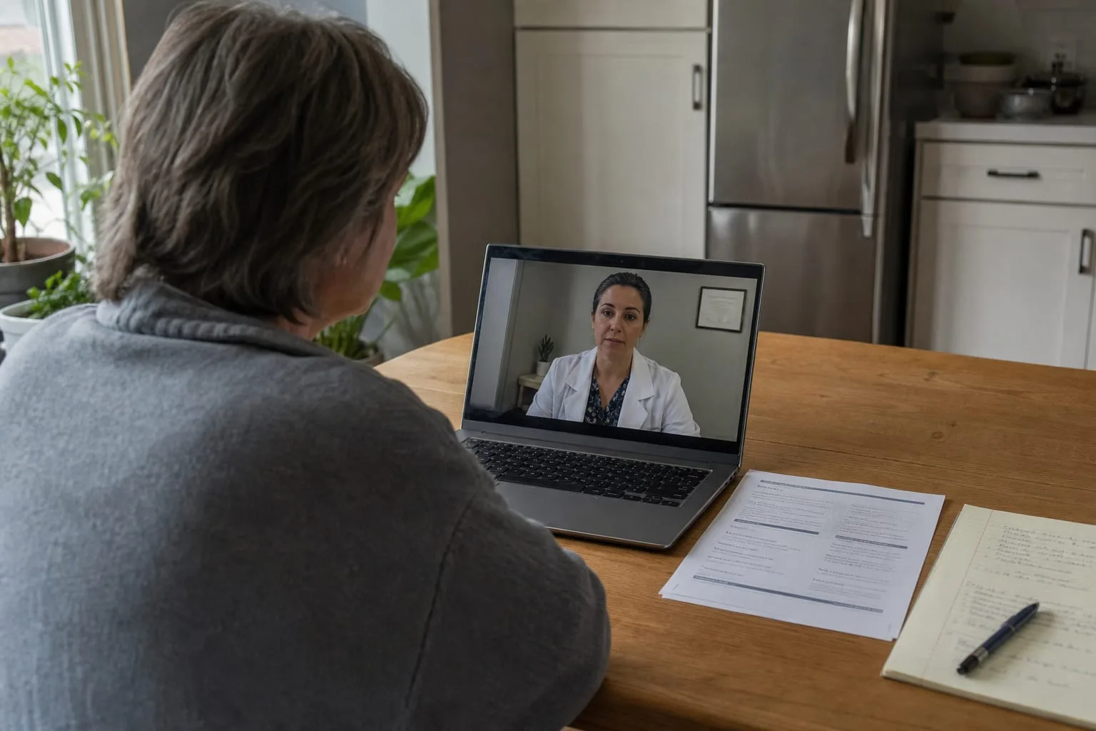 A patient at a kitchen table on a video call with a clinician on a laptop screen, a printed license verification page and appointment notes beside the computer