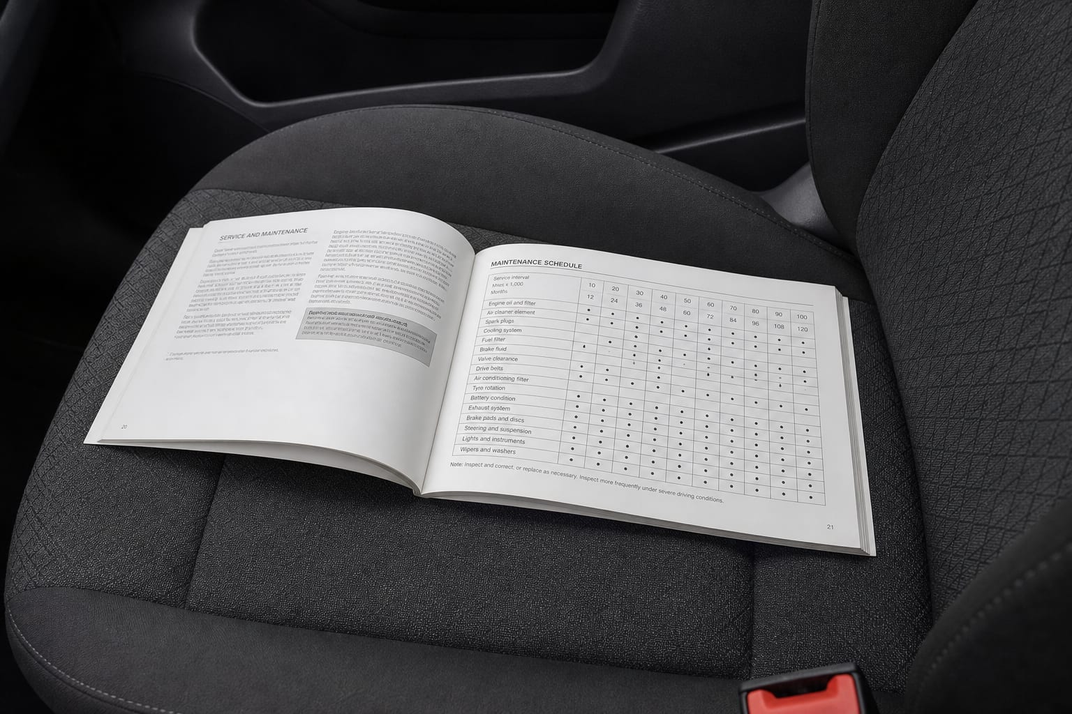 An open owner's manual resting on a car seat with a maintenance schedule page visible as a grid of rows