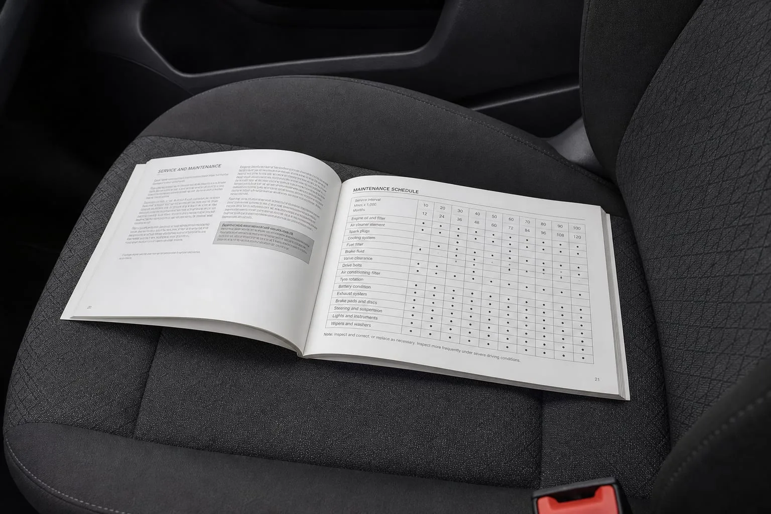 An open owner's manual resting on a car seat with a maintenance schedule page visible as a grid of rows
