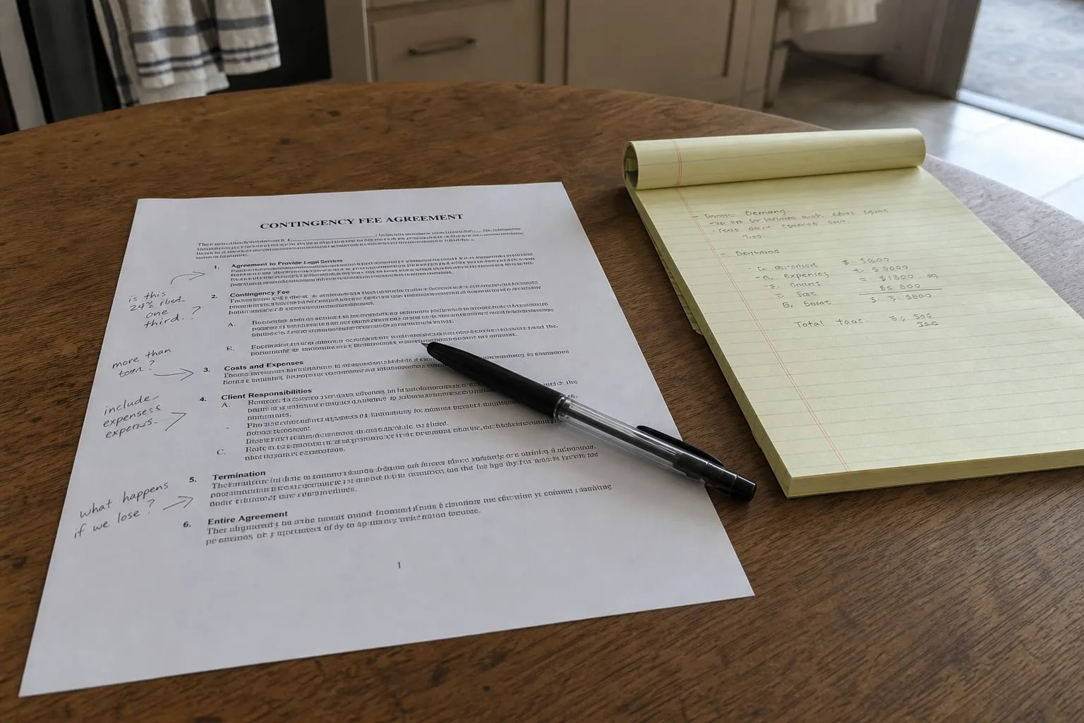 A printed contingency fee agreement on a kitchen table with a pen resting on the page, handwritten notes in the margin, and a legal pad beside it