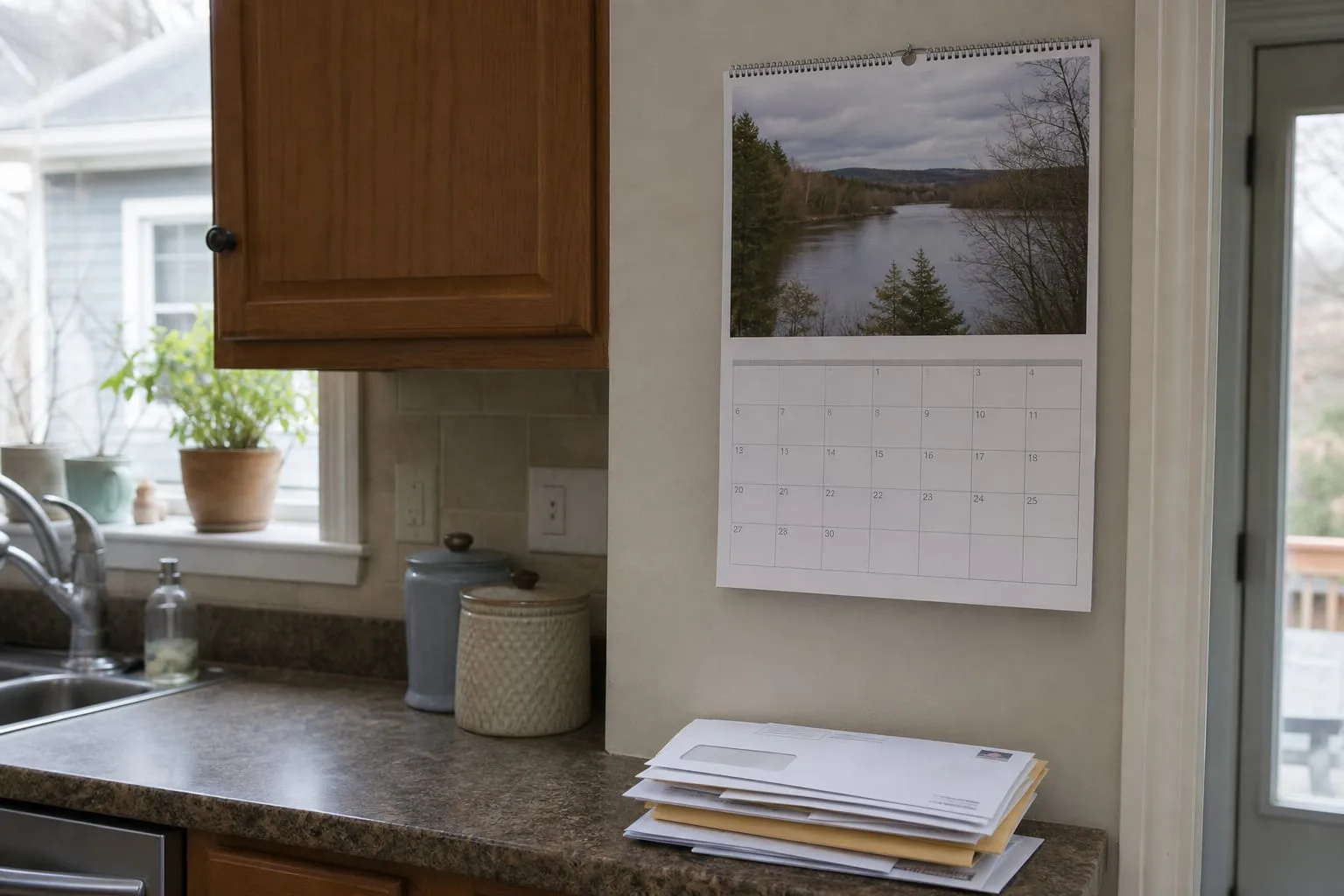 A kitchen wall calendar hanging beside a stack of unopened mail on a counter