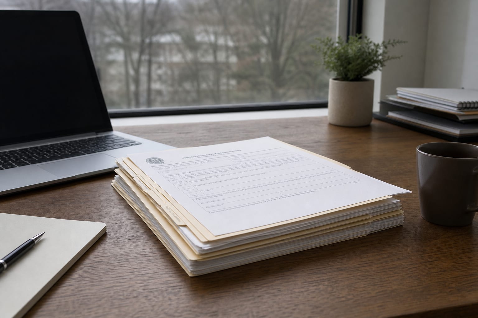 A folder of state filing paperwork on a desk beside a laptop and a coffee cup